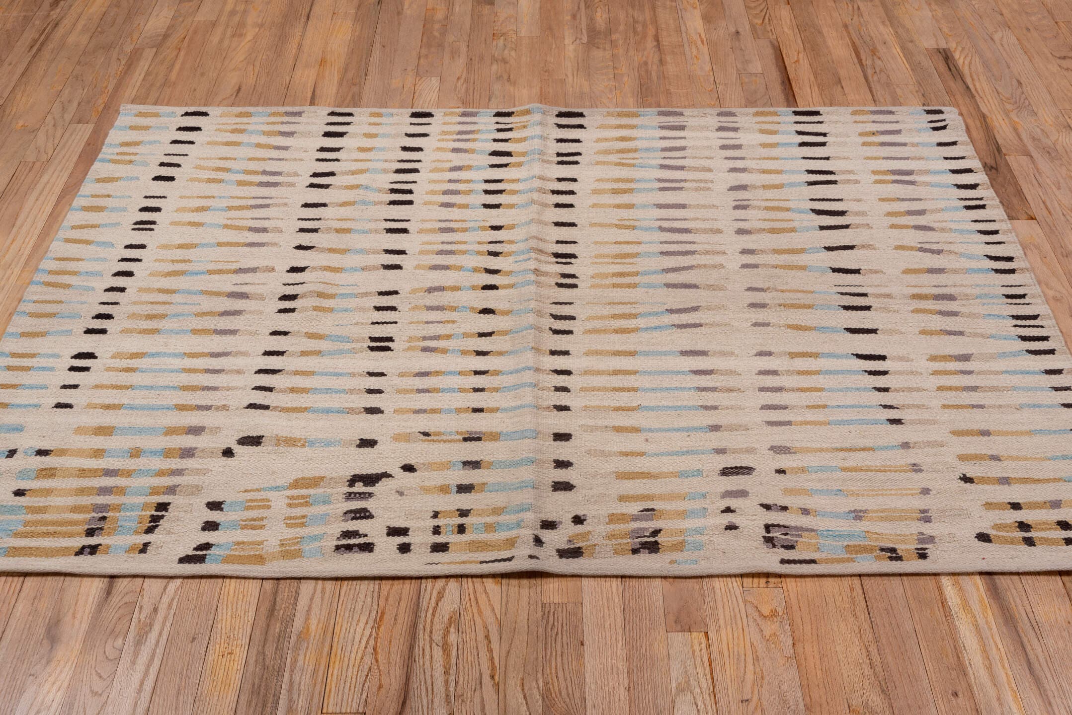 4' x 6' one-of-a-kind handmade vintage Kilim small size rug. Color palette: ivory, camel, taupe, charcoal, pale_blue, greige