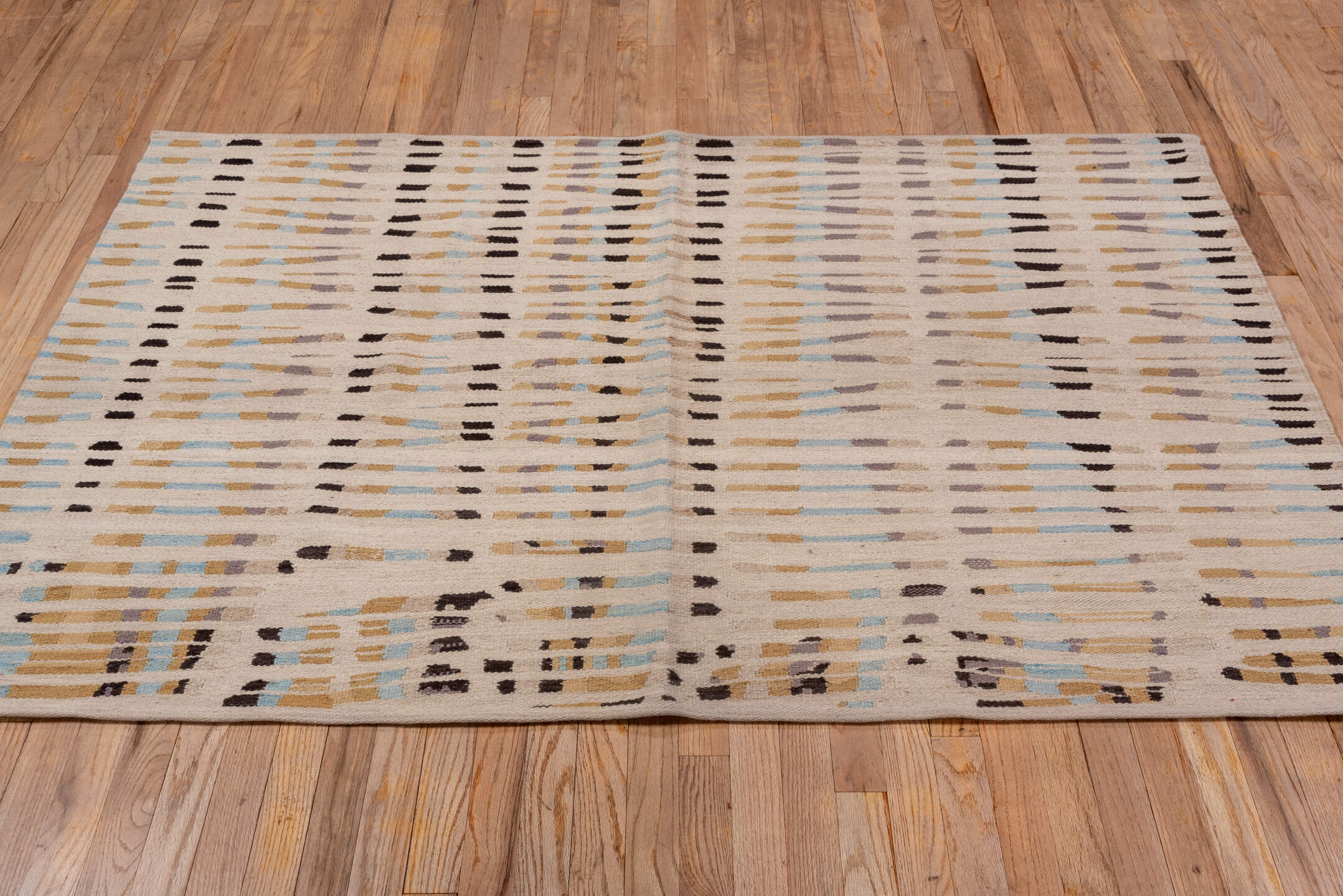 4' x 6' one-of-a-kind handmade vintage Kilim small size rug. Color palette: ivory, camel, taupe, charcoal, pale_blue, greige