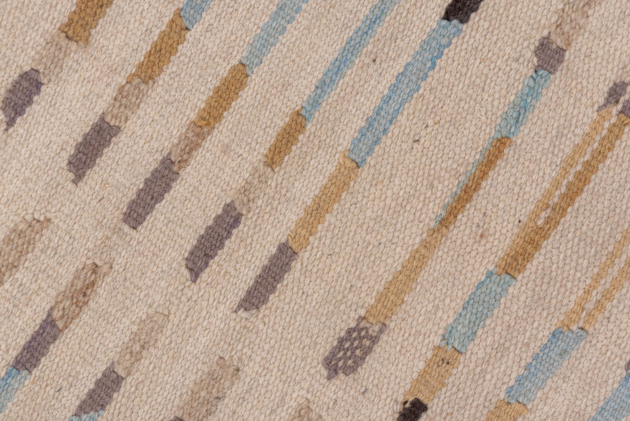 4' x 6' one-of-a-kind handmade vintage Kilim small size rug. Color palette: ivory, camel, taupe, charcoal, pale_blue, greige