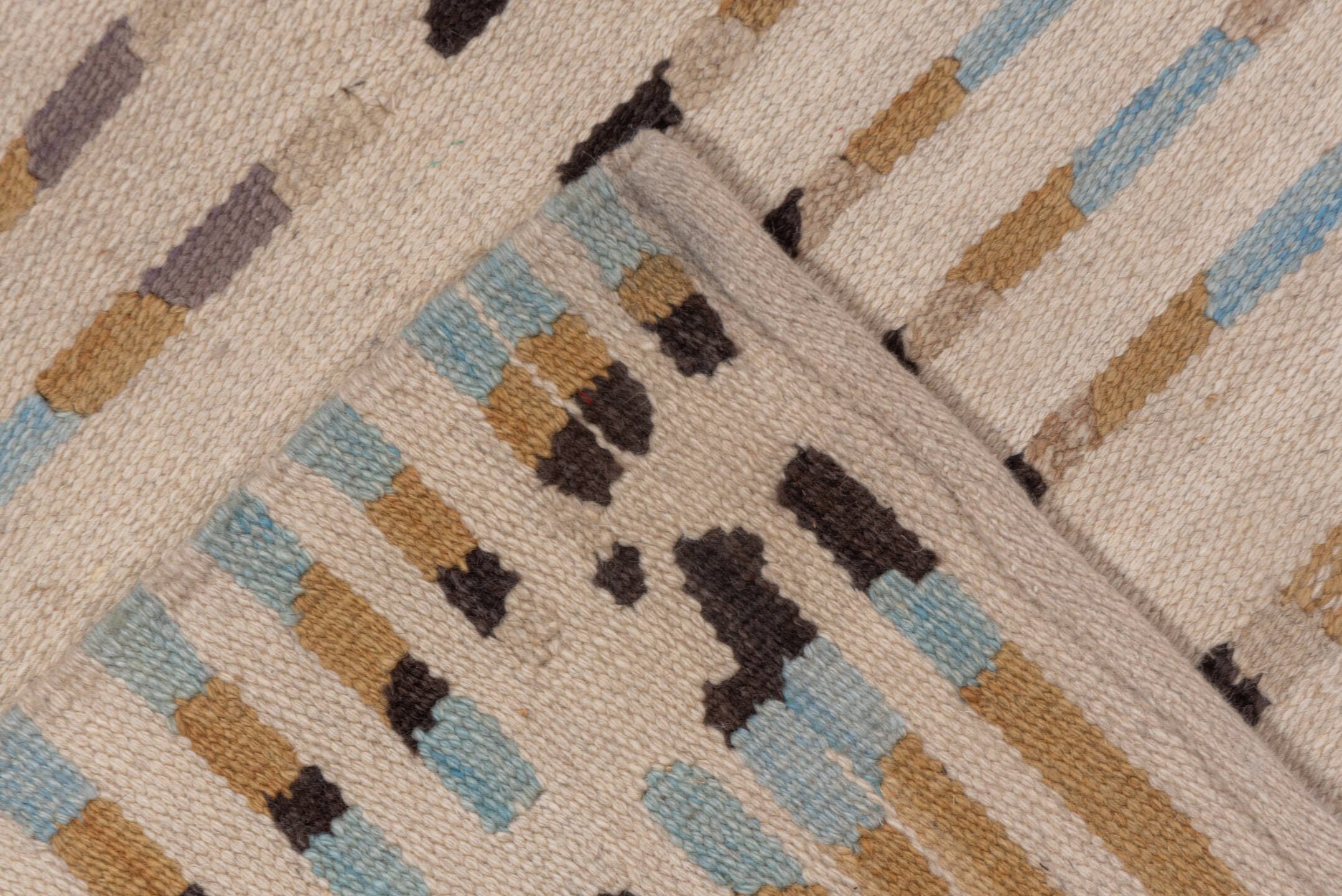 4' x 6' one-of-a-kind handmade vintage Kilim small size rug. Color palette: ivory, camel, taupe, charcoal, pale_blue, greige