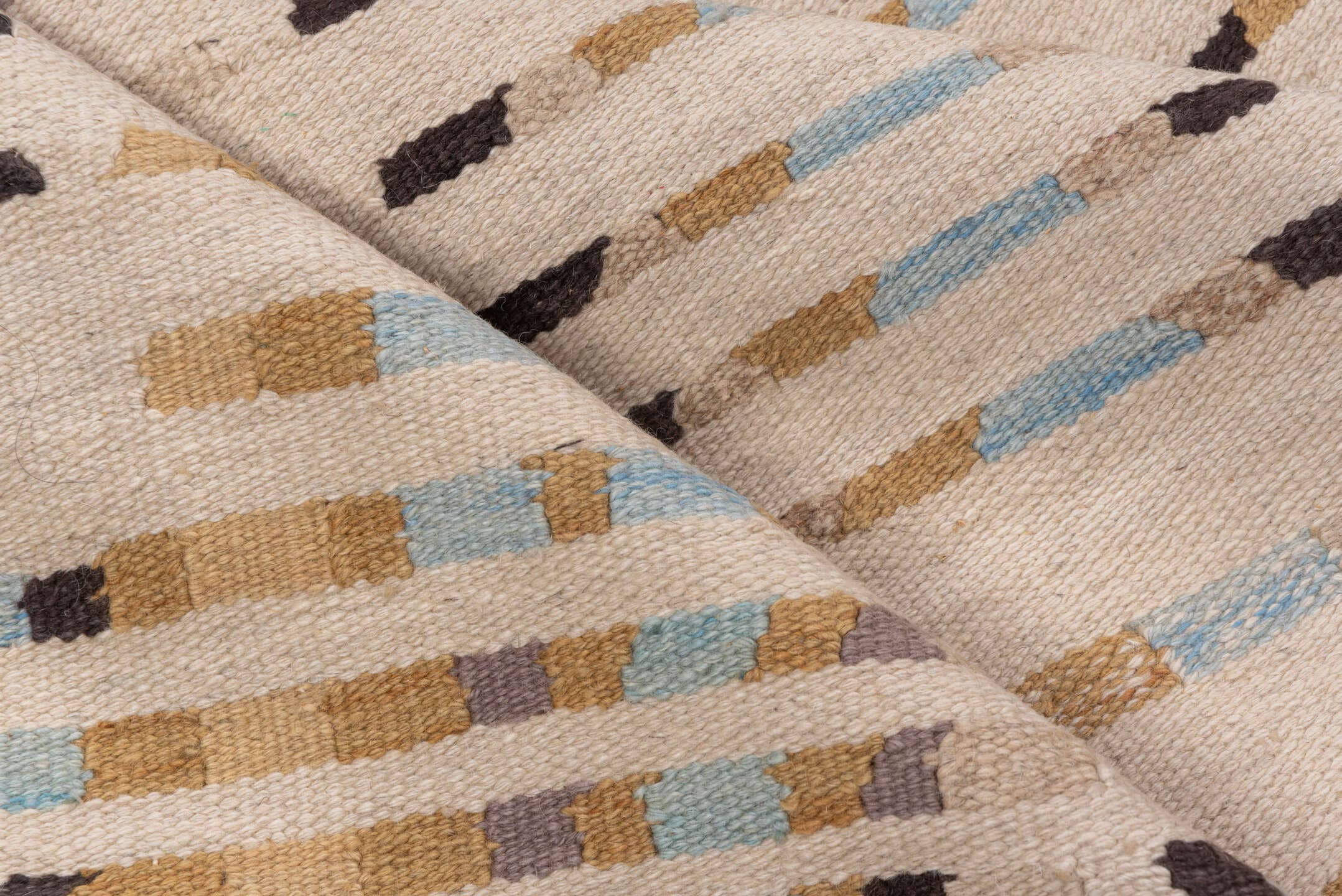 4' x 6' one-of-a-kind handmade vintage Kilim small size rug. Color palette: ivory, camel, taupe, charcoal, pale_blue, greige
