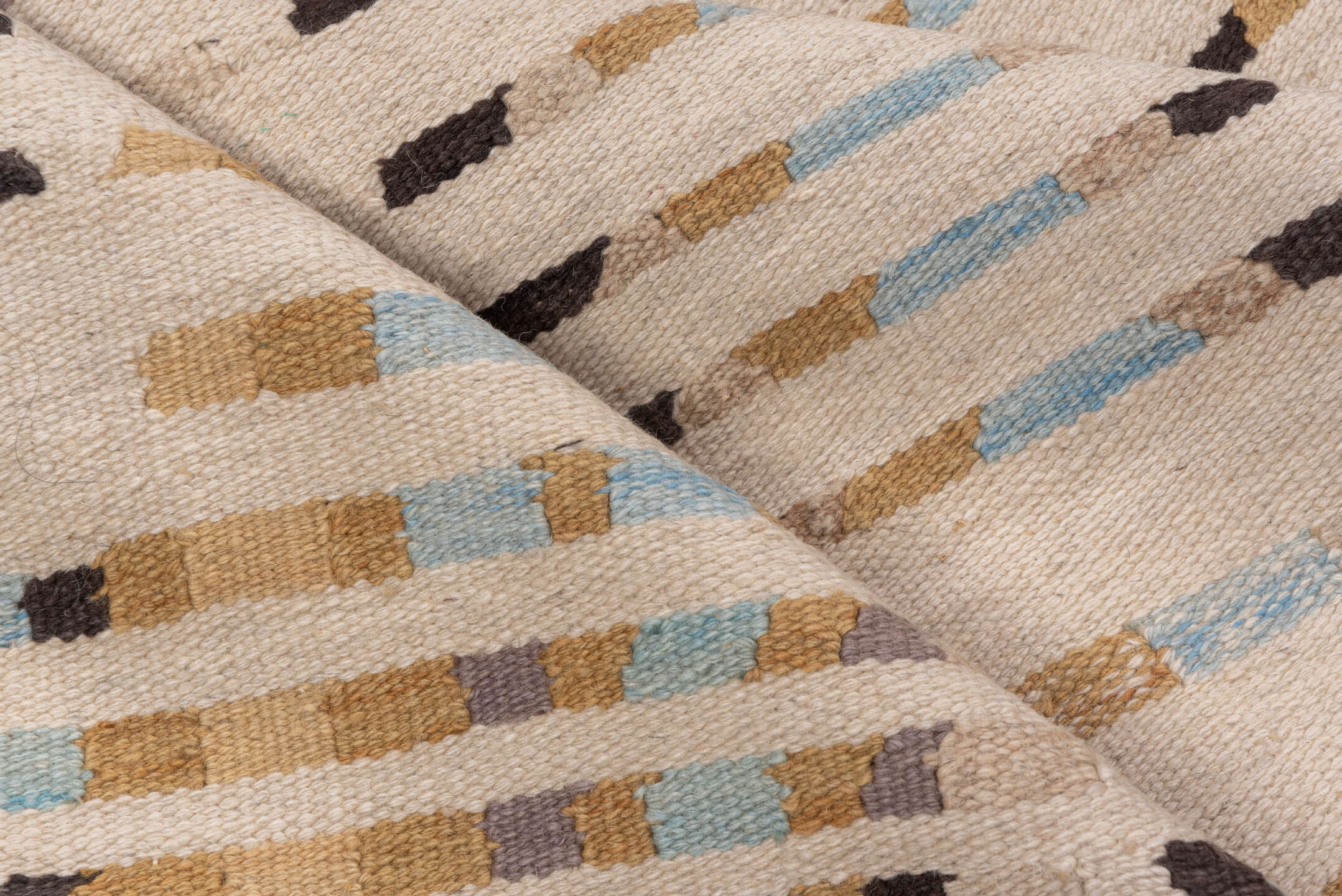 4' x 6' one-of-a-kind handmade vintage Kilim small size rug. Color palette: ivory, camel, taupe, charcoal, pale_blue, greige