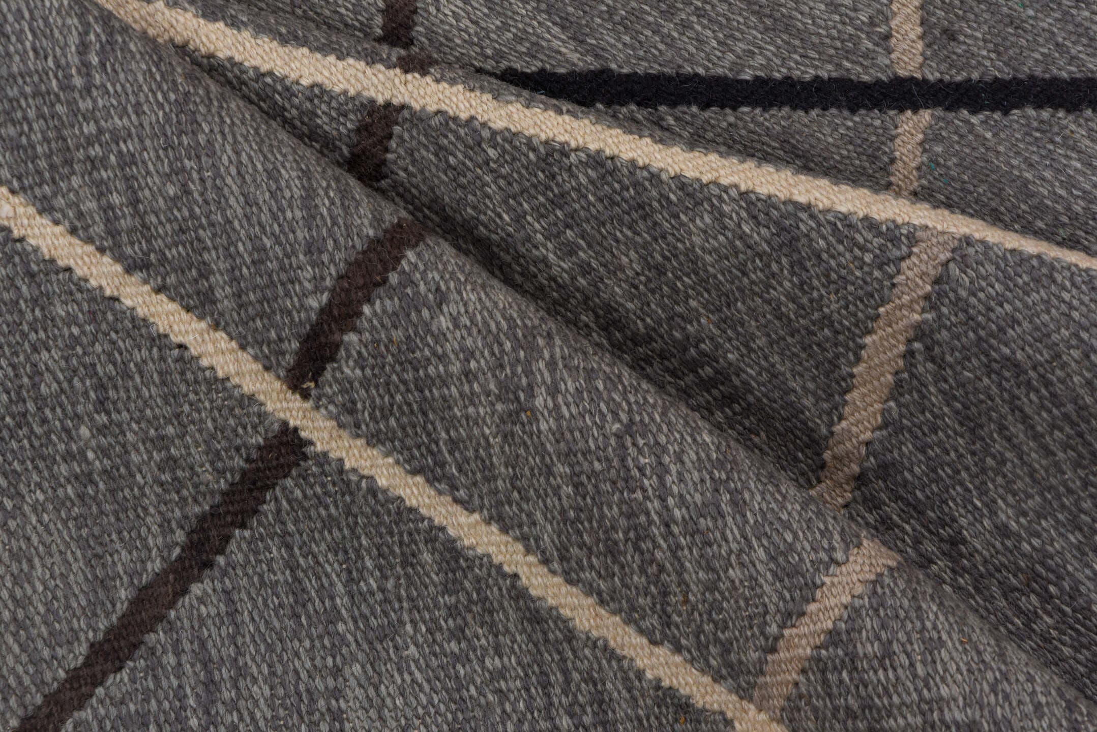 3' x 5' one-of-a-kind handmade vintage Kilim small size rug. Color palette: gray, charcoal, ivory, brown, black