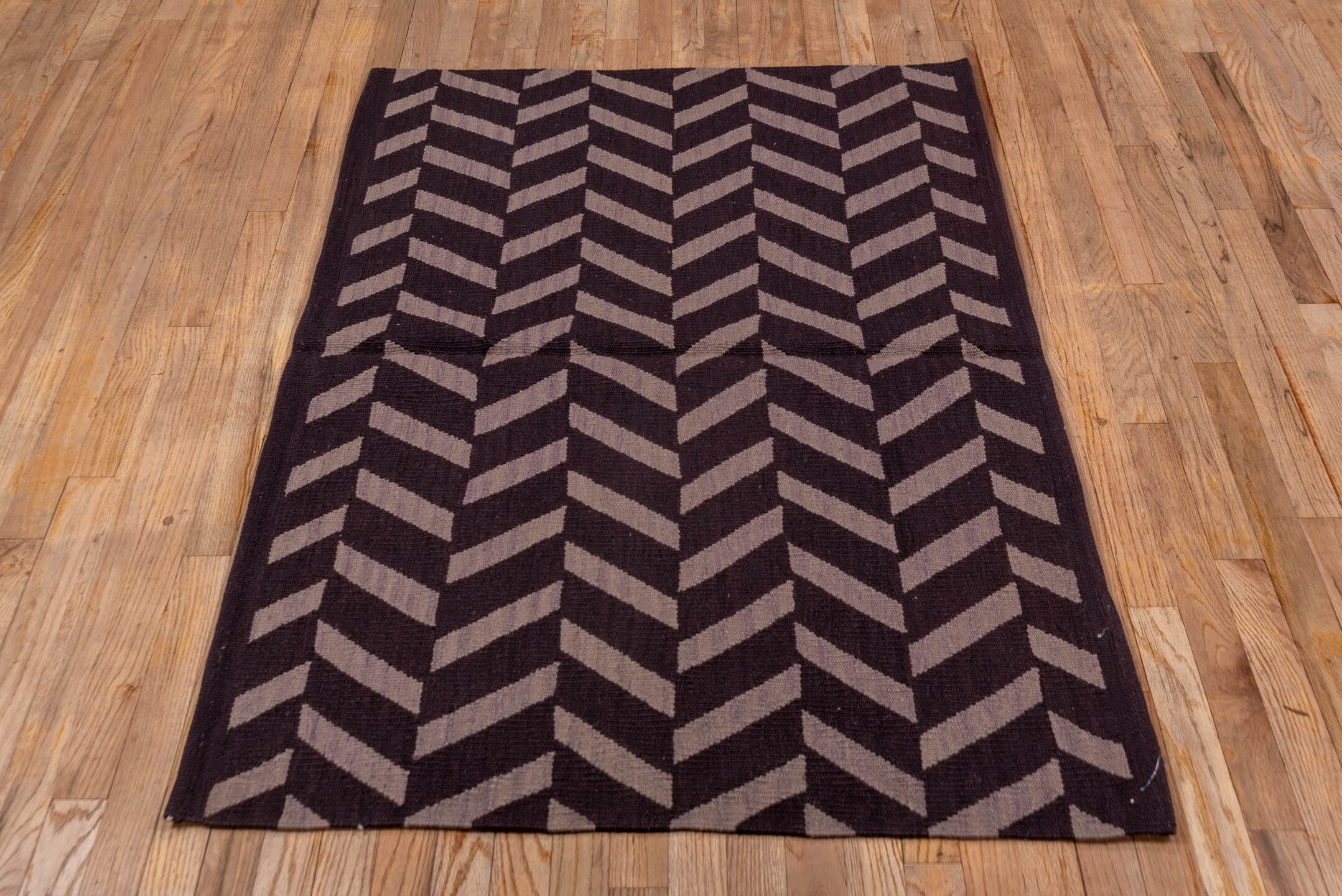 3' x 5' one-of-a-kind handmade vintage Kilim small size rug. Color palette: brown, dark gray, gray, light gray, off-white