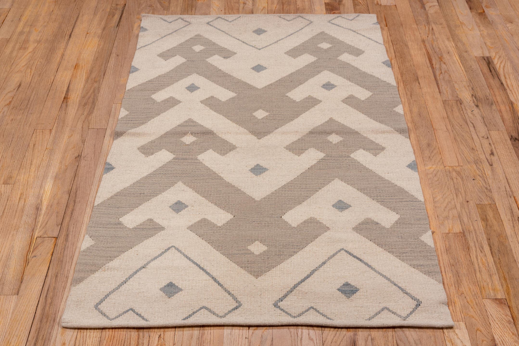 3' x 5' one-of-a-kind handmade vintage Kilim small size rug. Color palette: ivory, taupe, beige, slate, gray