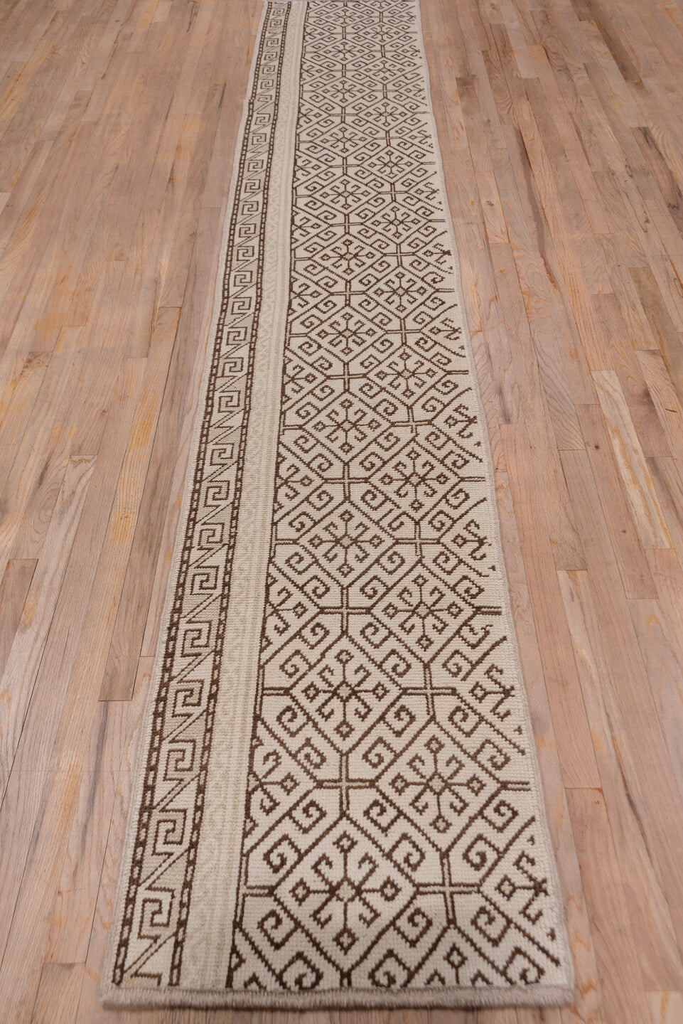 2' x 12' one-of-a-kind handmade vintage Konya runner rug. Color palette: brown, gainsboro, gray, light gray, off-white, pink