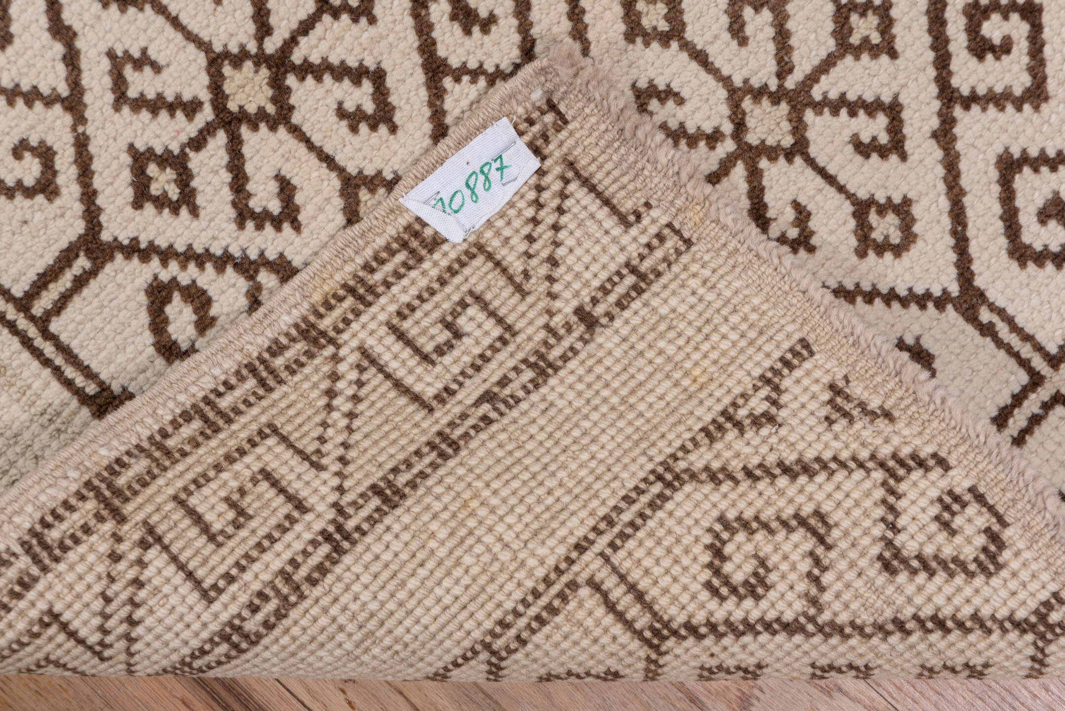 2' x 12' one-of-a-kind handmade vintage Konya runner rug. Color palette: brown, gainsboro, gray, light gray, off-white, pink