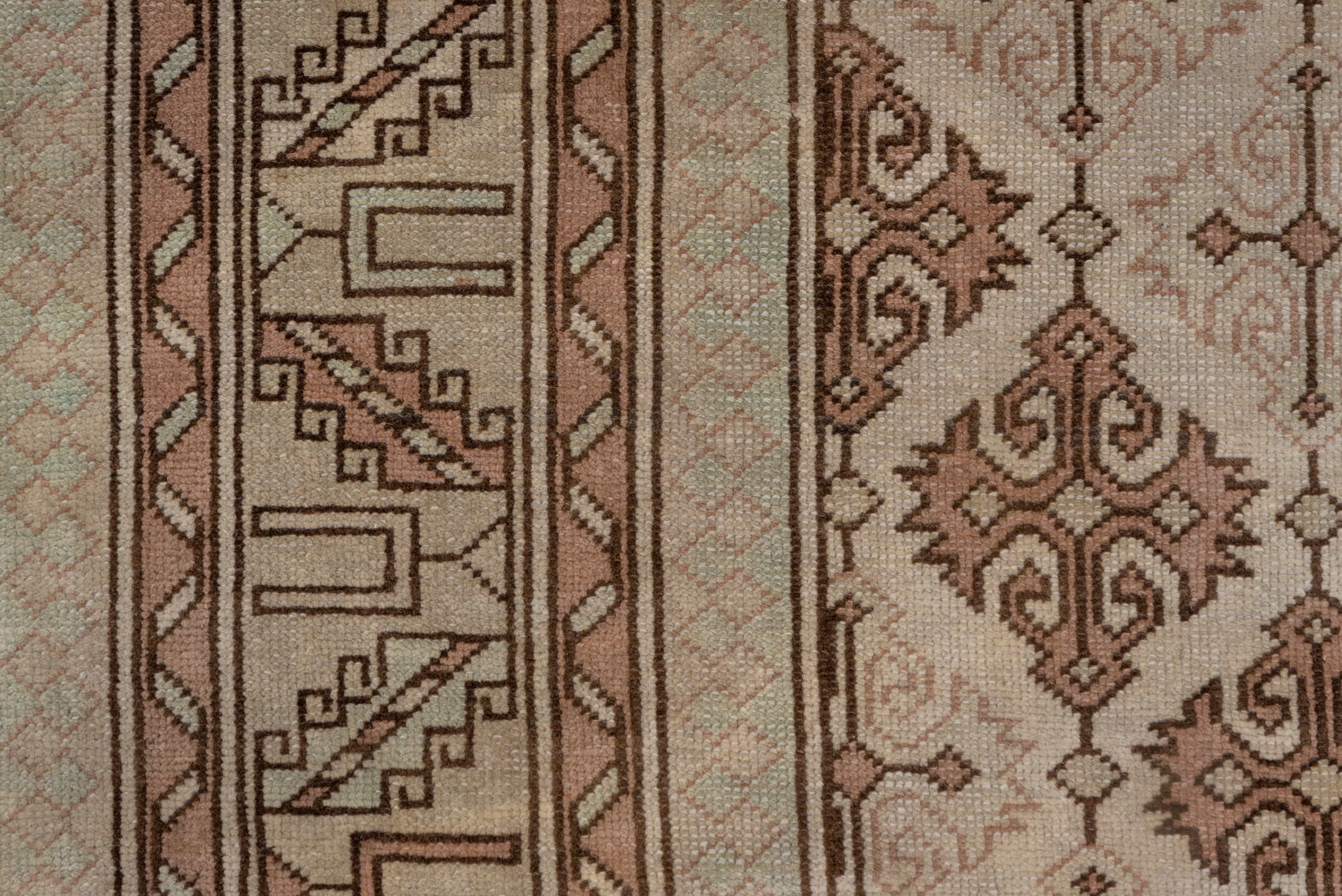 6' x 9' one-of-a-kind handmade vintage Oushak medium size rug. Color palette: brown, gray, off-white, orange, pink