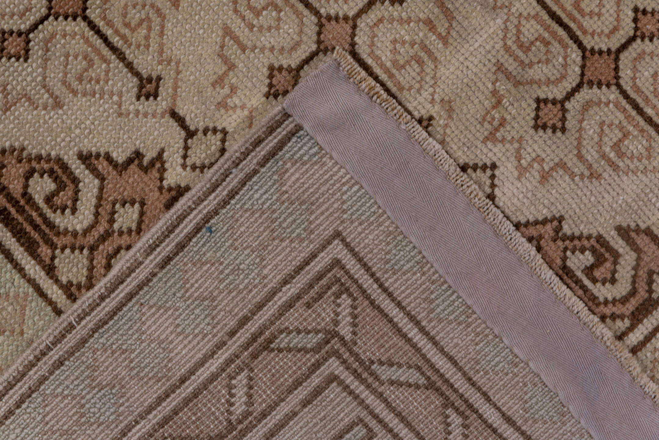 6' x 9' one-of-a-kind handmade vintage Oushak medium size rug. Color palette: brown, gray, off-white, orange, pink