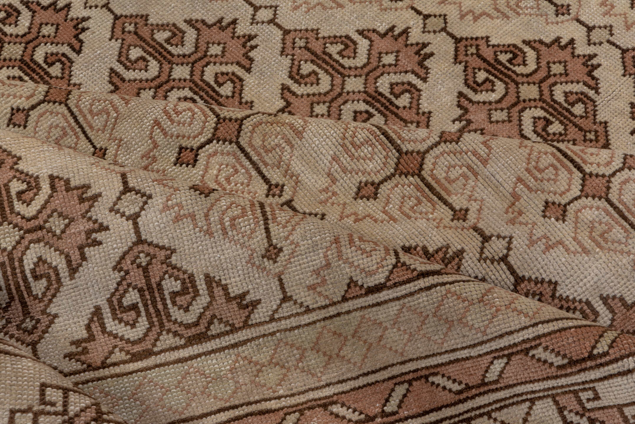 6' x 9' one-of-a-kind handmade vintage Oushak medium size rug. Color palette: brown, gray, off-white, orange, pink