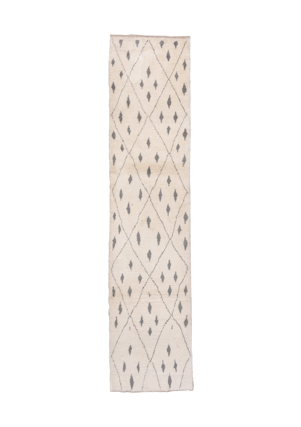 3' x 13' one-of-a-kind handmade vintage Moroccan runner rug. Color palette: antiquewhite, dark gray, gray, light gray, linen