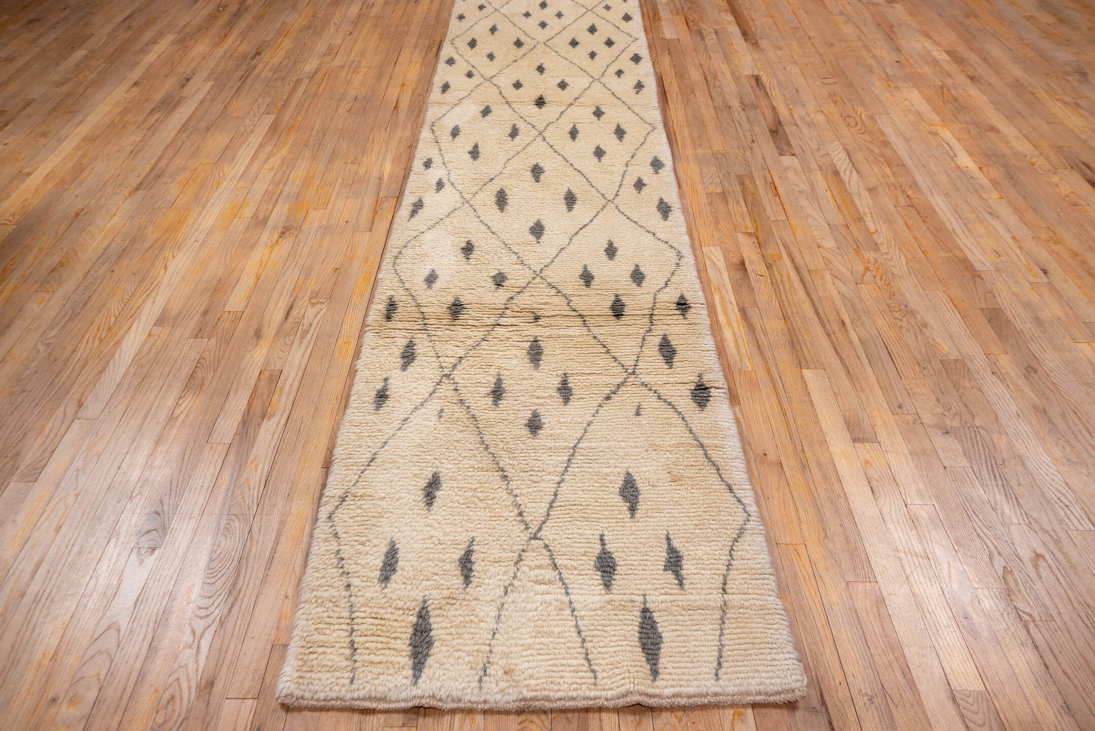 3' x 13' one-of-a-kind handmade vintage Moroccan runner rug. Color palette: ivory, charcoal, cream, taupe, gray, black