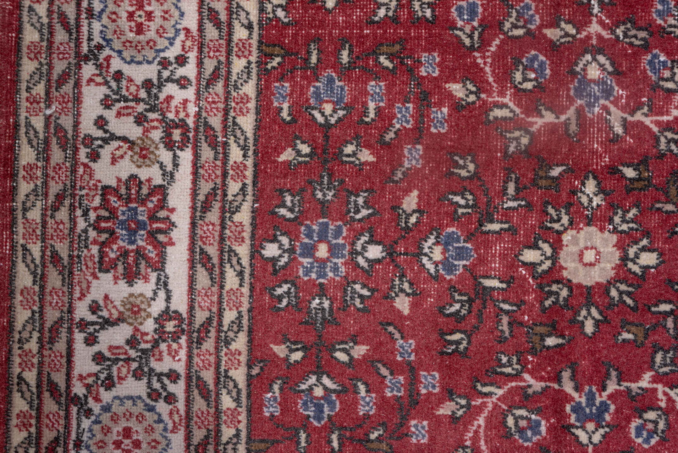 9' x 13' one-of-a-kind handmade vintage Sparta large size rug. Color palette: brown, gray, light gray, off-white, pink, red