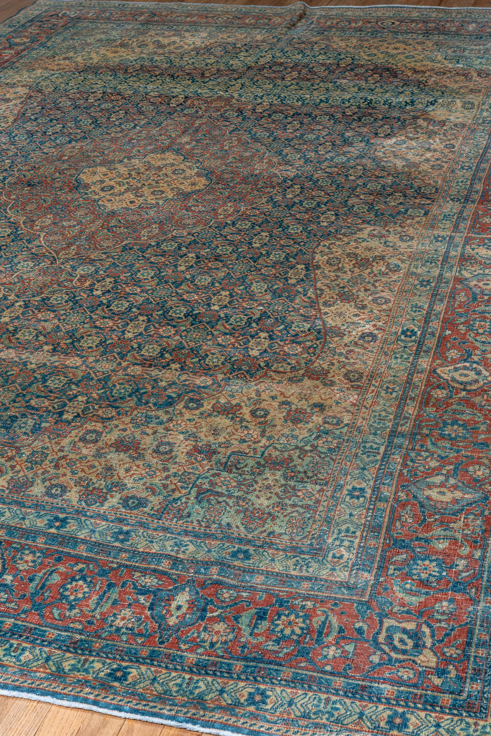 8' x 13' one-of-a-kind handmade antique Tabriz large size rug. Color palette: blue, ivory, rust, teal, camel, navy, coral