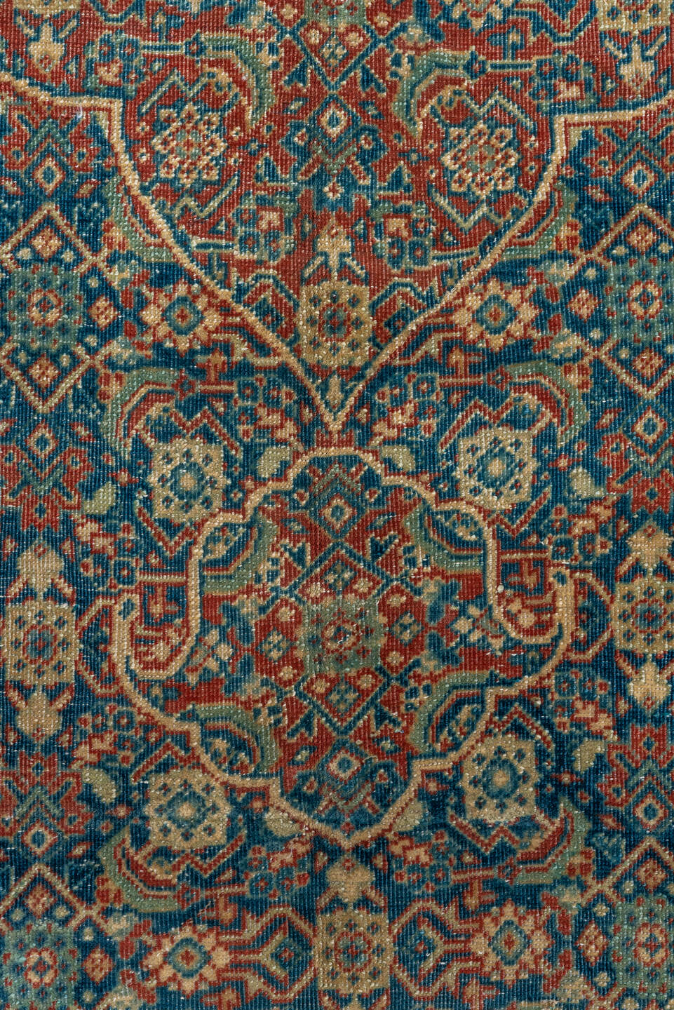8' x 13' one-of-a-kind handmade antique Tabriz large size rug. Color palette: blue, ivory, rust, teal, camel, navy, coral