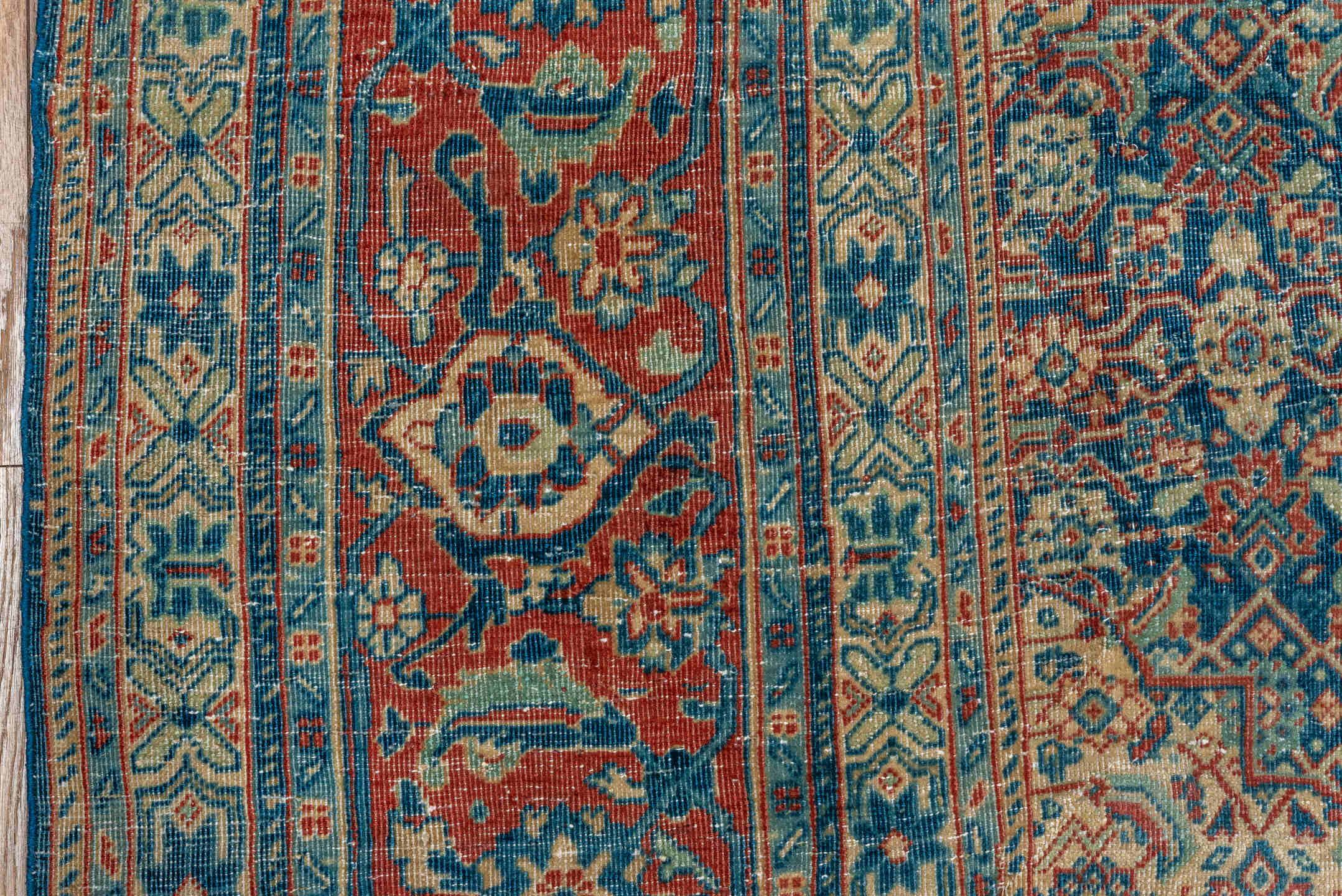 8' x 13' one-of-a-kind handmade antique Tabriz large size rug. Color palette: blue, ivory, rust, teal, camel, navy, coral