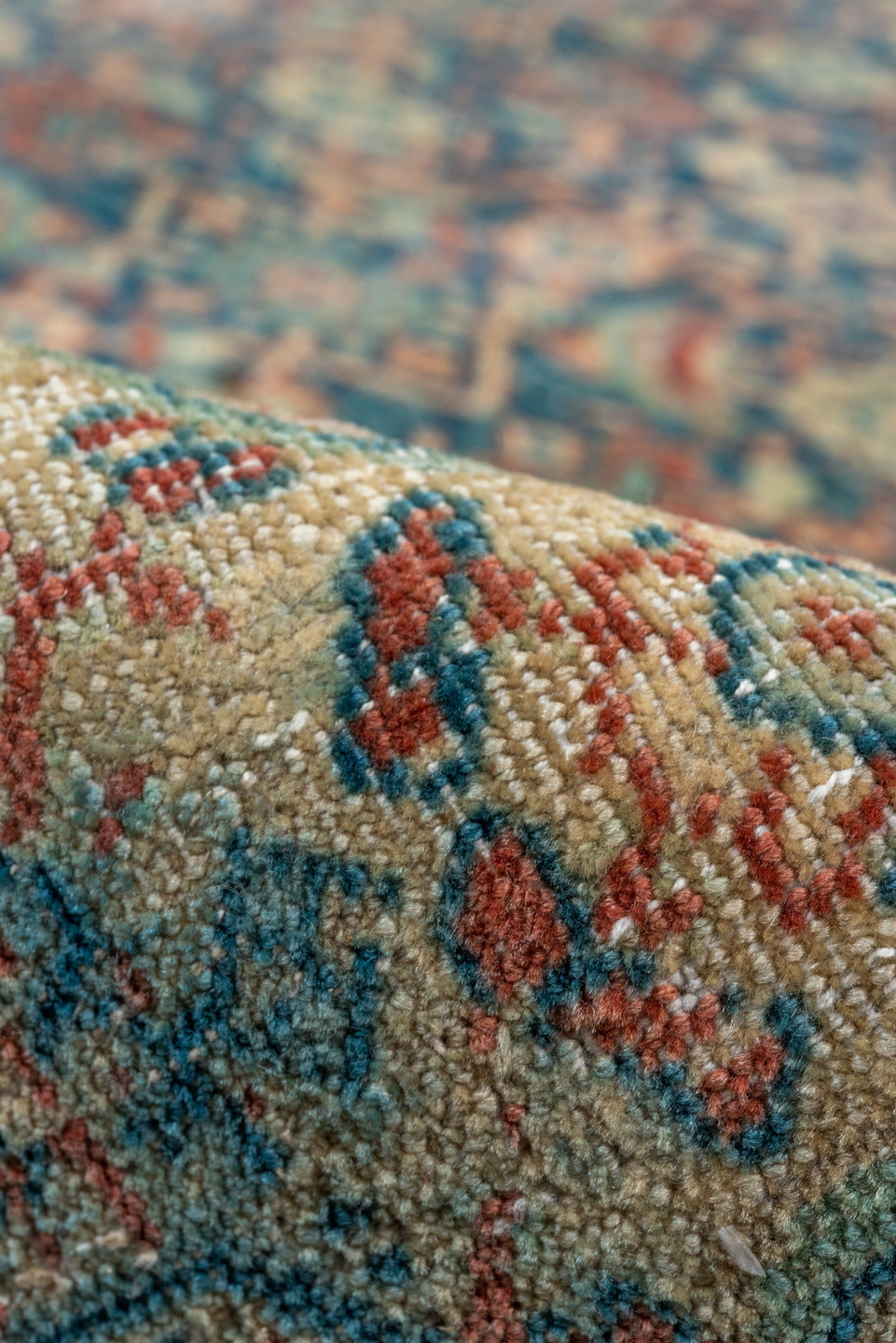 8' x 13' one-of-a-kind handmade antique Tabriz large size rug. Color palette: blue, ivory, rust, teal, camel, navy, coral