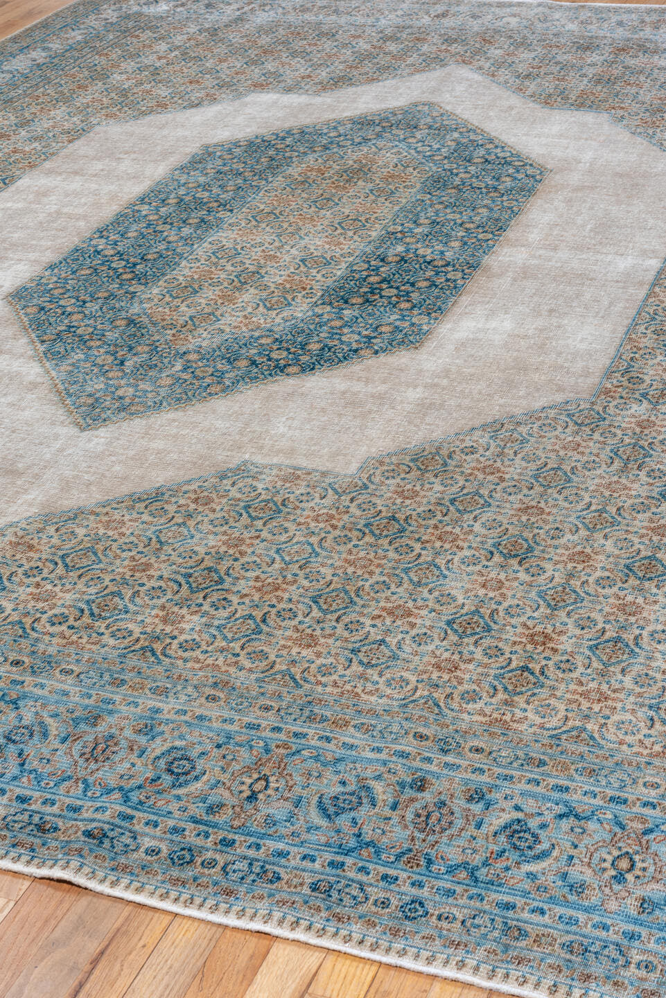 9' x 12' one-of-a-kind handmade antique Tabriz large size rug. Color palette: ivory, sky blue, taupe, beige, slate, camel