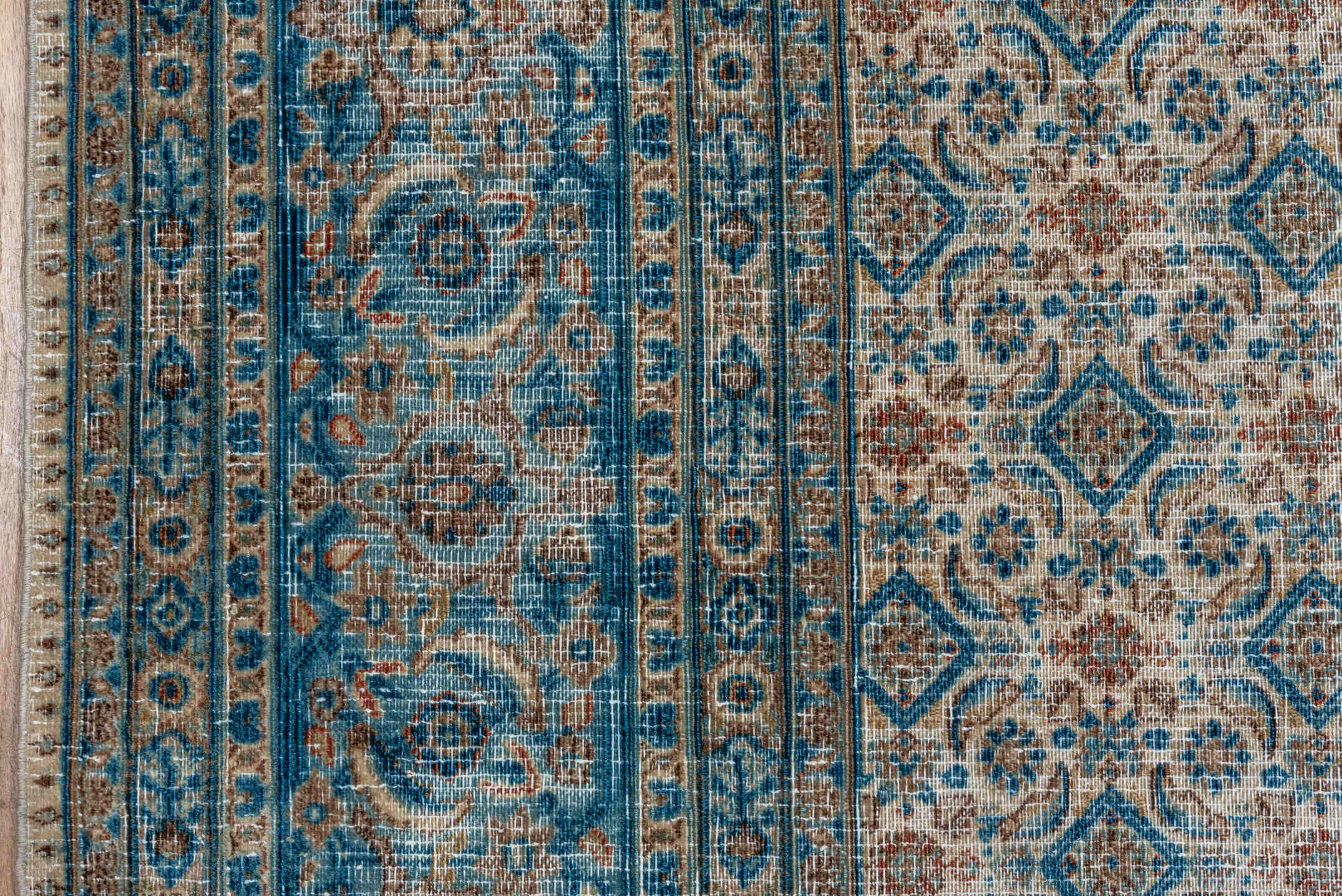 9' x 12' one-of-a-kind handmade antique Tabriz large size rug. Color palette: ivory, sky blue, taupe, beige, slate, camel