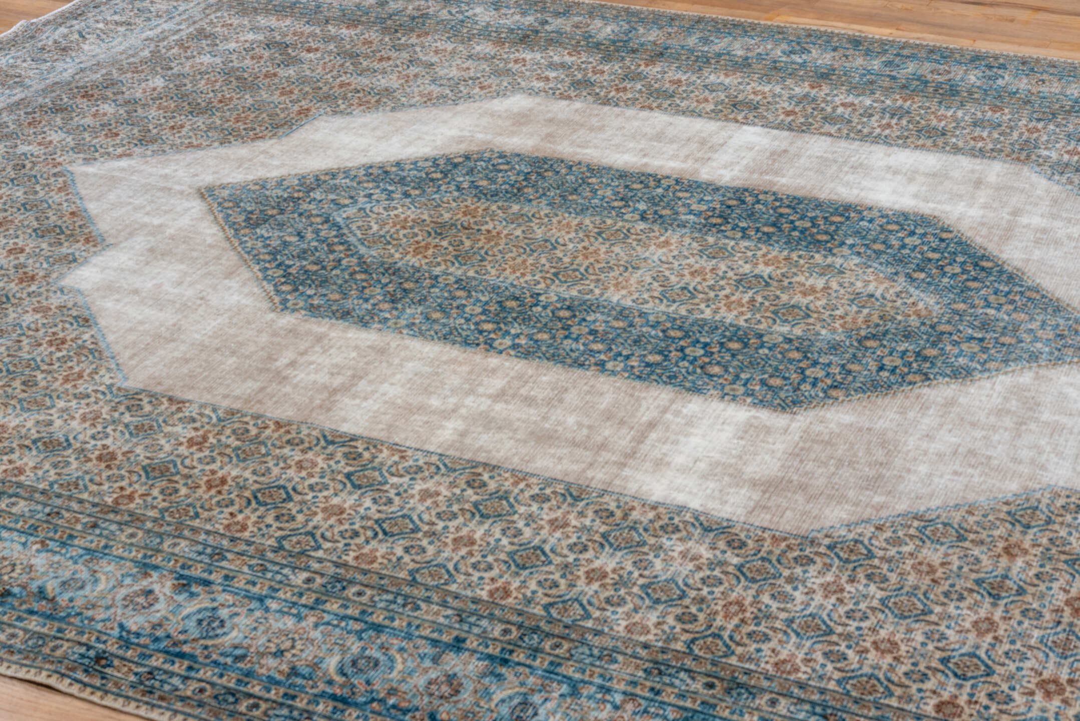 9' x 12' one-of-a-kind handmade antique Tabriz large size rug. Color palette: ivory, sky blue, taupe, beige, slate, camel