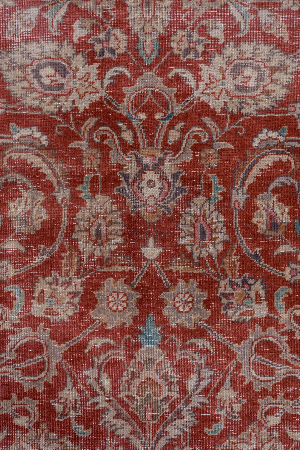 9' x 12' one-of-a-kind handmade antique Kashan large size rug. Color palette: rust, navy, ivory, rose, terracotta, slate