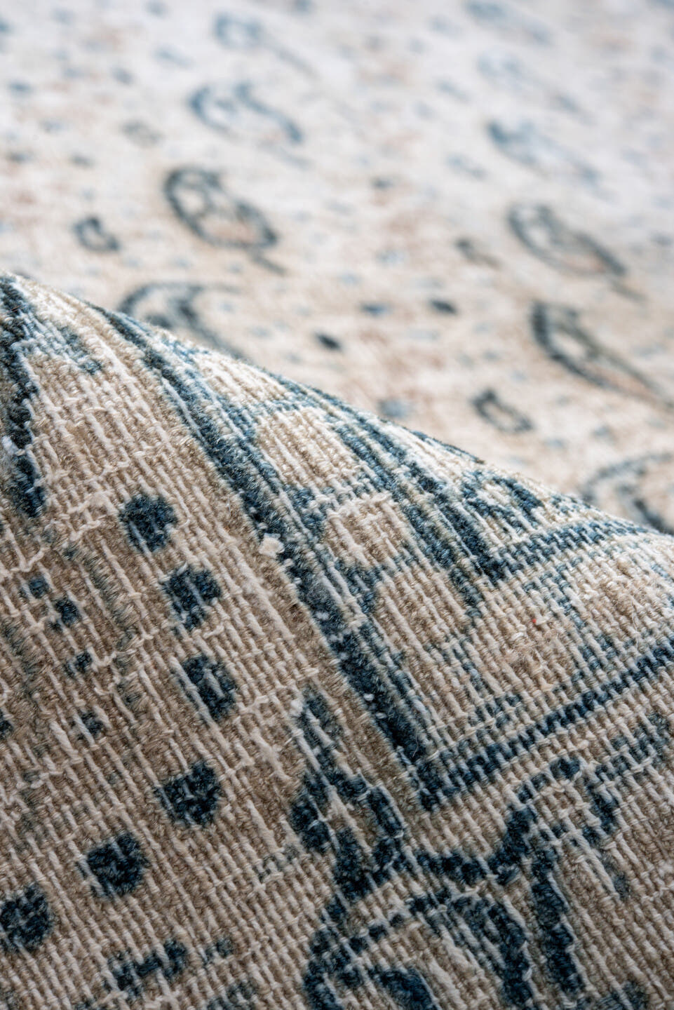 10' x 13' one-of-a-kind handmade vintage Khorassan large size rug. Color palette: ivory, sky blue, slate blue, taupe, cream