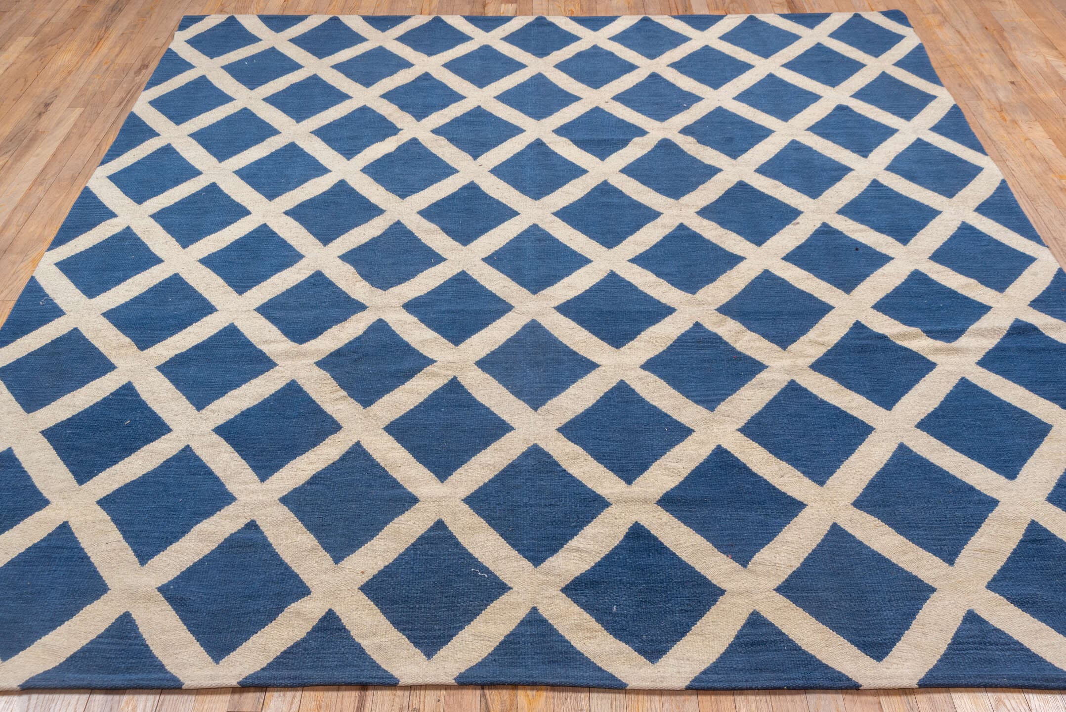 8' x 9' one-of-a-kind handmade vintage Kilim rug. Color palette: blue, ivory