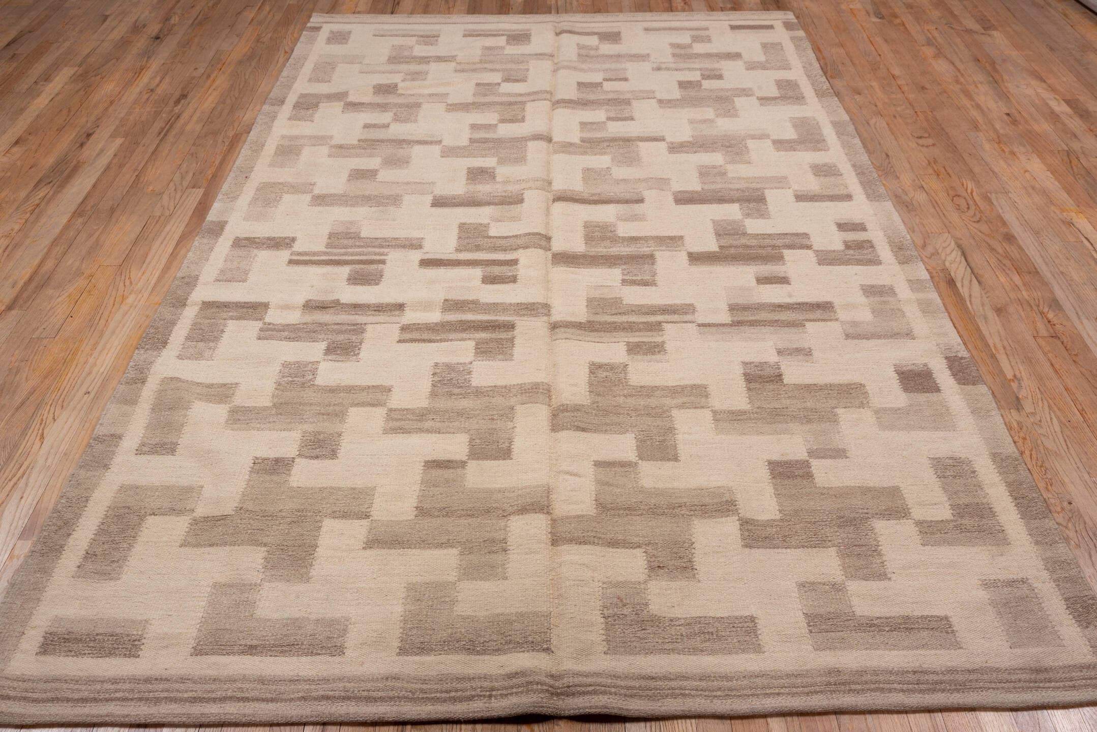 6' x 10' one-of-a-kind handmade vintage Kilim large size rug. Color palette: ivory, taupe, beige, cream, gray