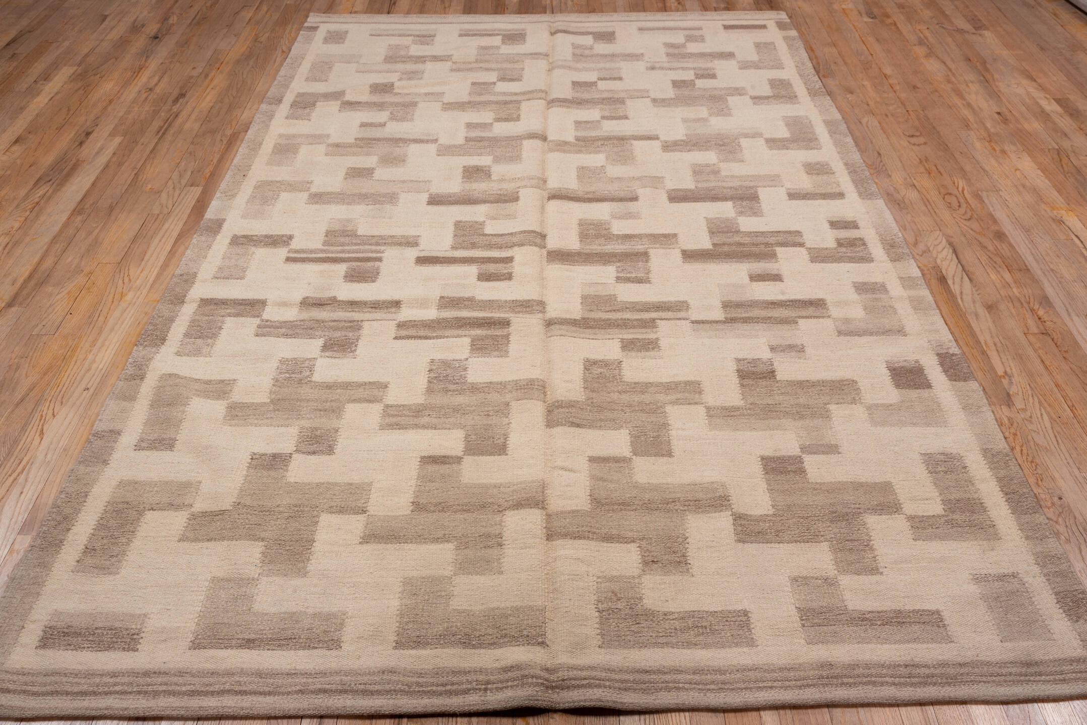 6' x 10' one-of-a-kind handmade vintage Kilim large size rug. Color palette: ivory, taupe, beige, cream, gray