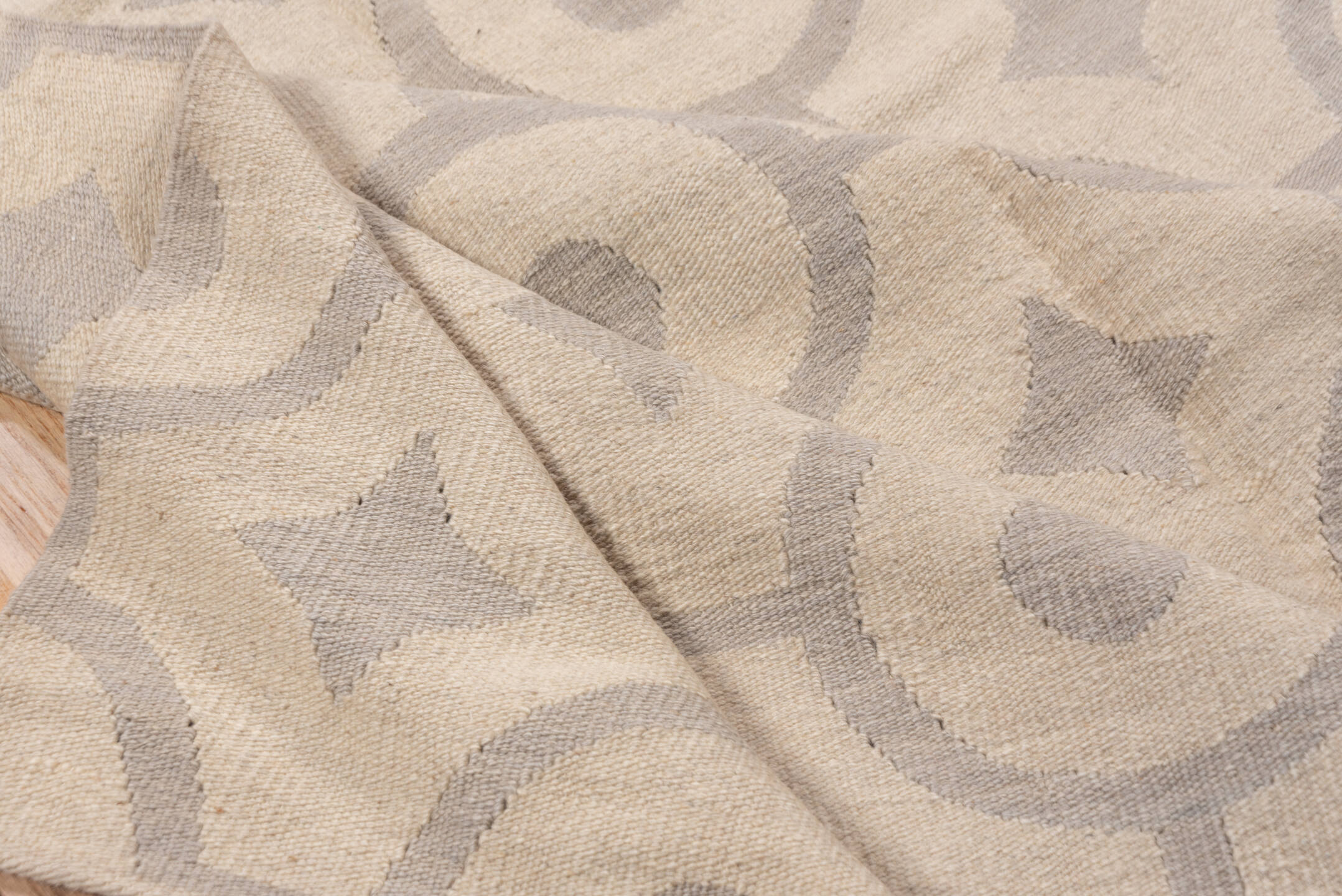 6' x 9' one-of-a-kind handmade vintage Kilim medium size rug. Color palette: ivory, taupe, beige, gray