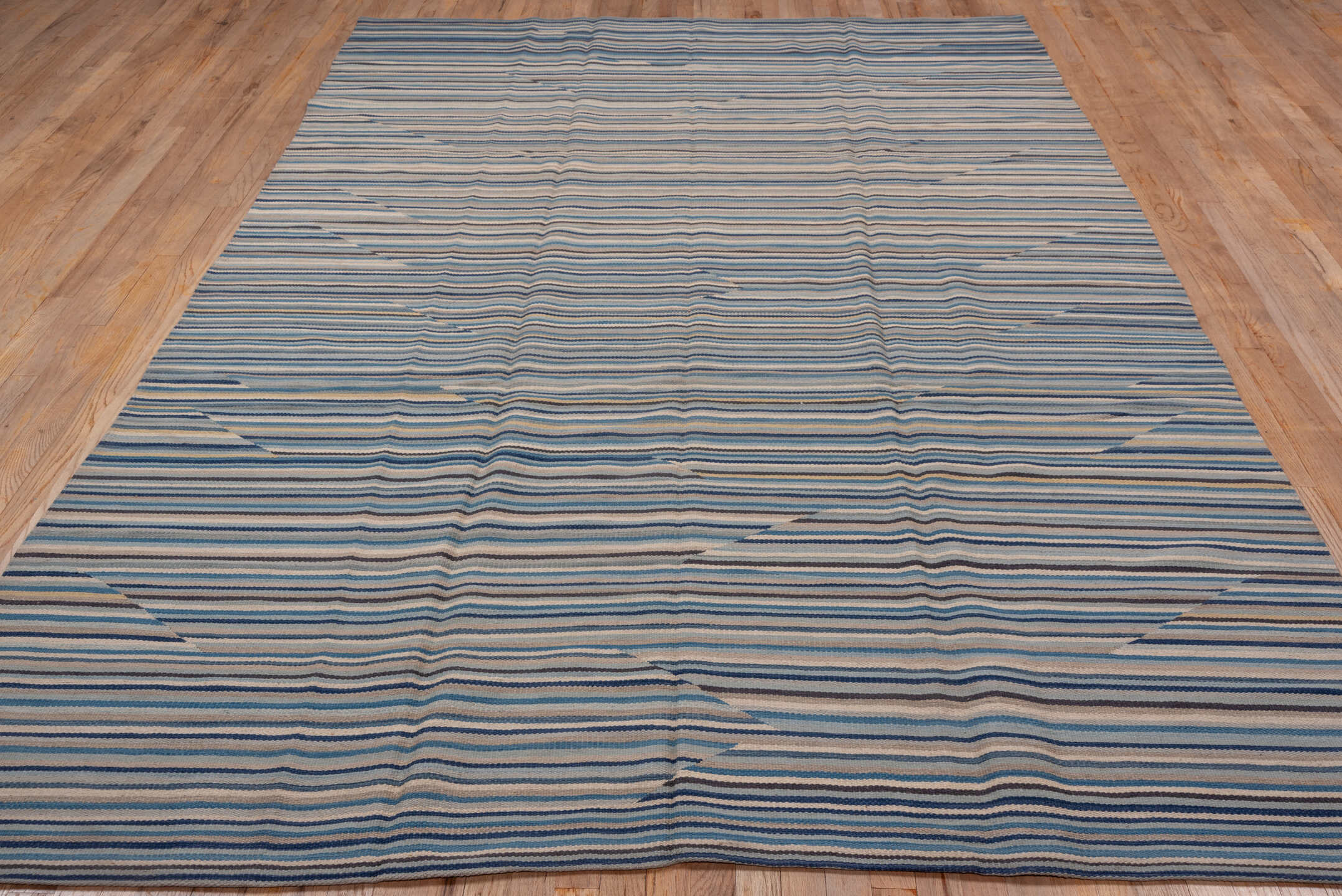7' x 10' one-of-a-kind handmade vintage Kilim large size rug. Color palette: blue, ivory, taupe, slate, cream, beige, gray