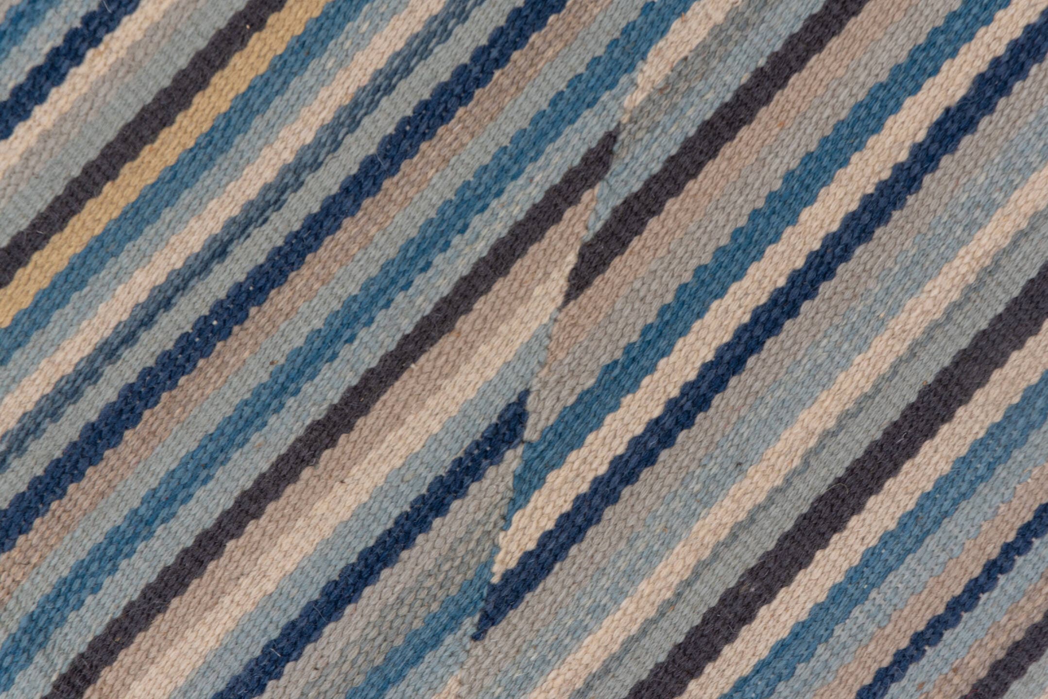 7' x 10' one-of-a-kind handmade vintage Kilim large size rug. Color palette: blue, ivory, taupe, slate, cream, beige, gray