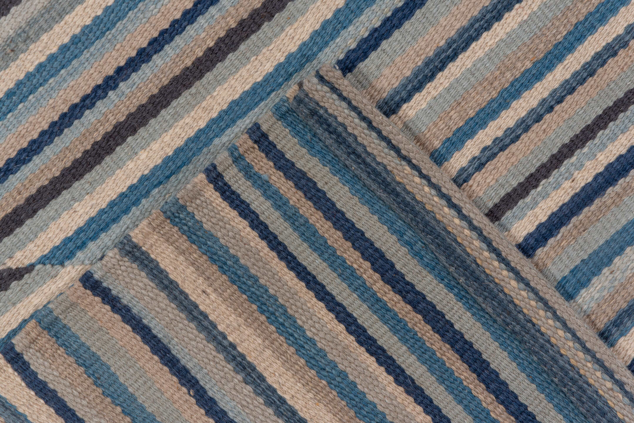 7' x 10' one-of-a-kind handmade vintage Kilim large size rug. Color palette: blue, ivory, taupe, slate, cream, beige, gray