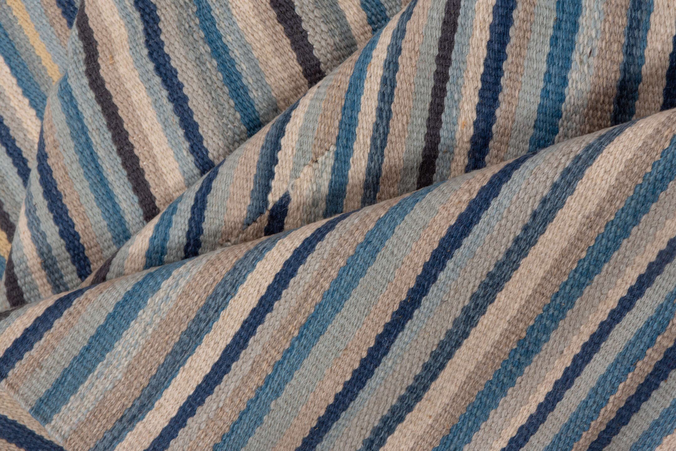 7' x 10' one-of-a-kind handmade vintage Kilim large size rug. Color palette: blue, ivory, taupe, slate, cream, beige, gray