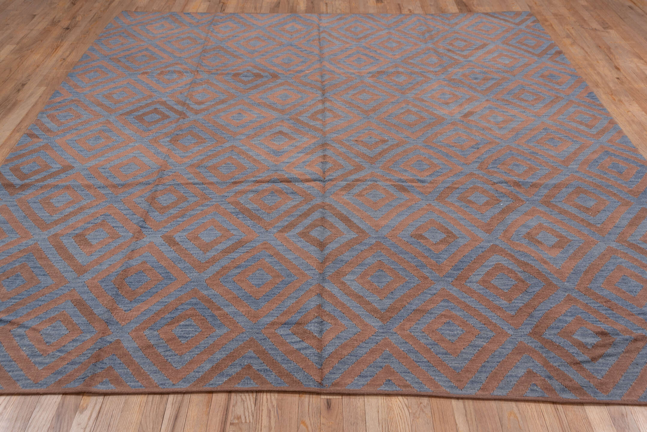 8' x 10' one-of-a-kind handmade vintage Kilim large size rug. Color palette: blue, brown, dim gray, gray, light gray