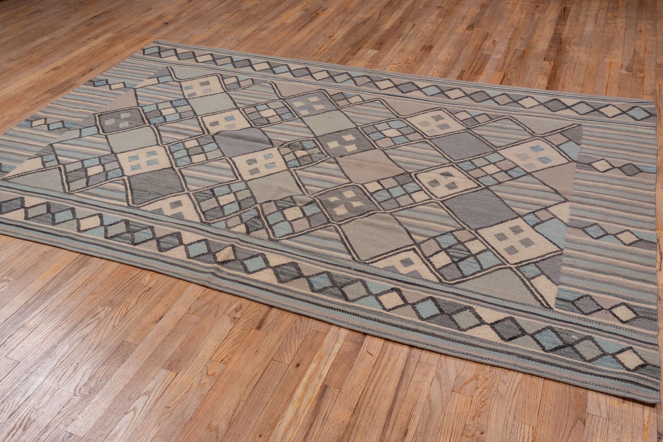 6' x 9' one-of-a-kind handmade vintage Kilim medium size rug. Color palette: taupe, slate, ivory, pale_blue, charcoal, beige