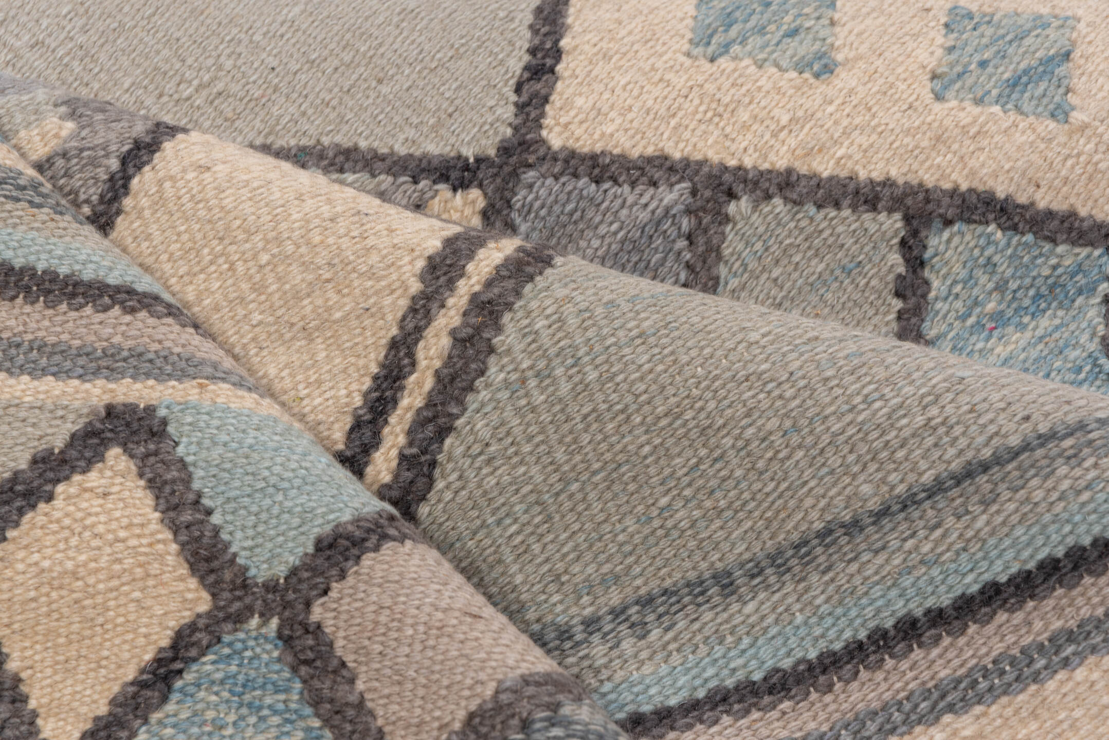 6' x 9' one-of-a-kind handmade vintage Kilim medium size rug. Color palette: taupe, slate, ivory, pale_blue, charcoal, beige