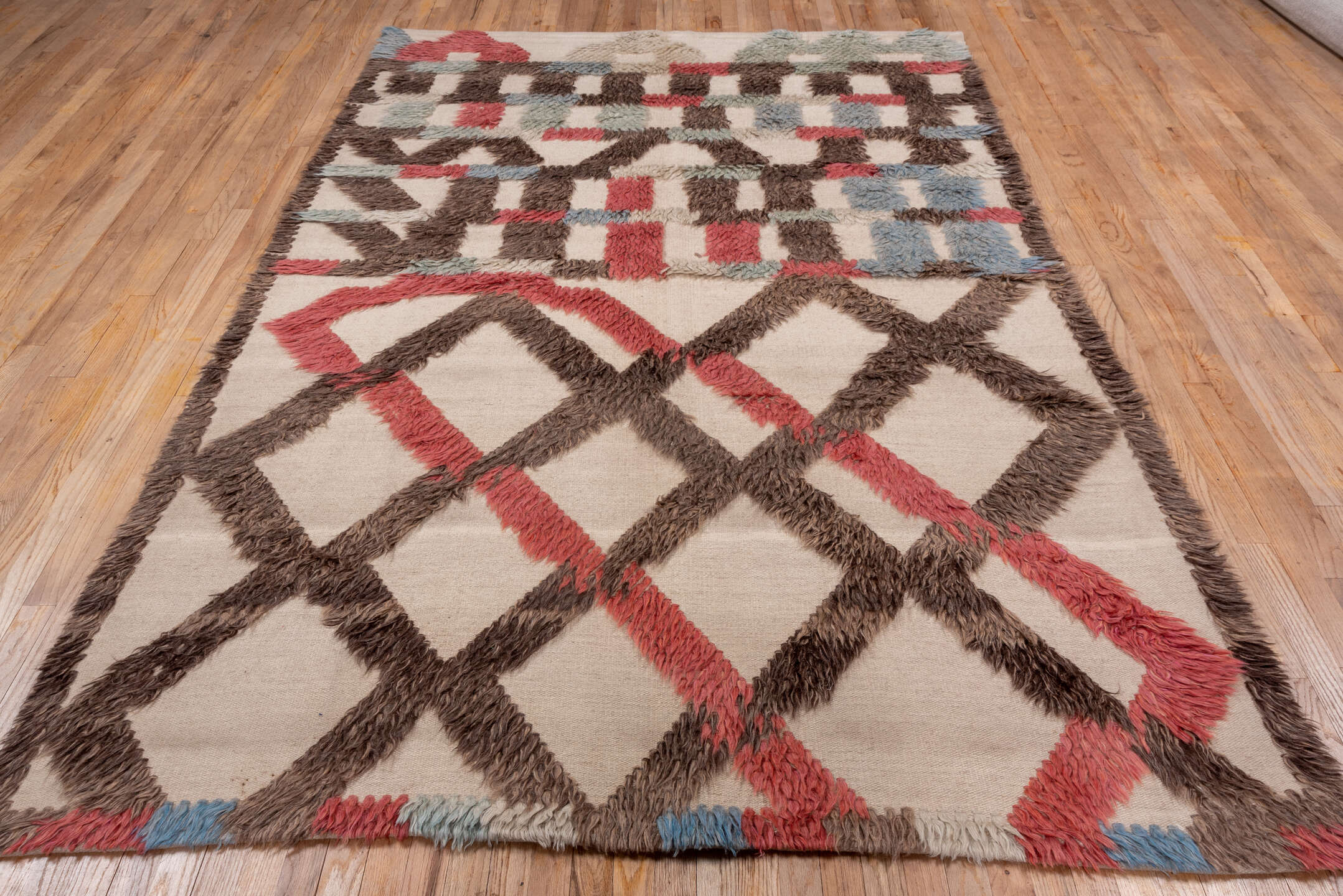 6' x 9' one-of-a-kind handmade vintage Tulu medium size rug. Color palette: ivory, brown, coral, pale blue, sage, taupe