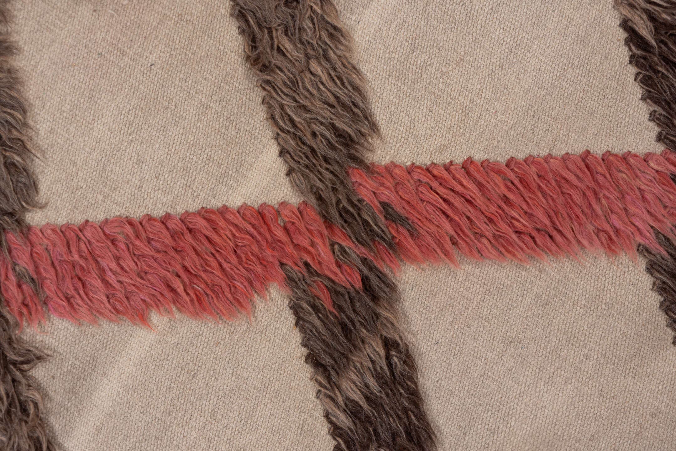 6' x 9' one-of-a-kind handmade vintage Tulu medium size rug. Color palette: ivory, brown, coral, pale blue, sage, taupe