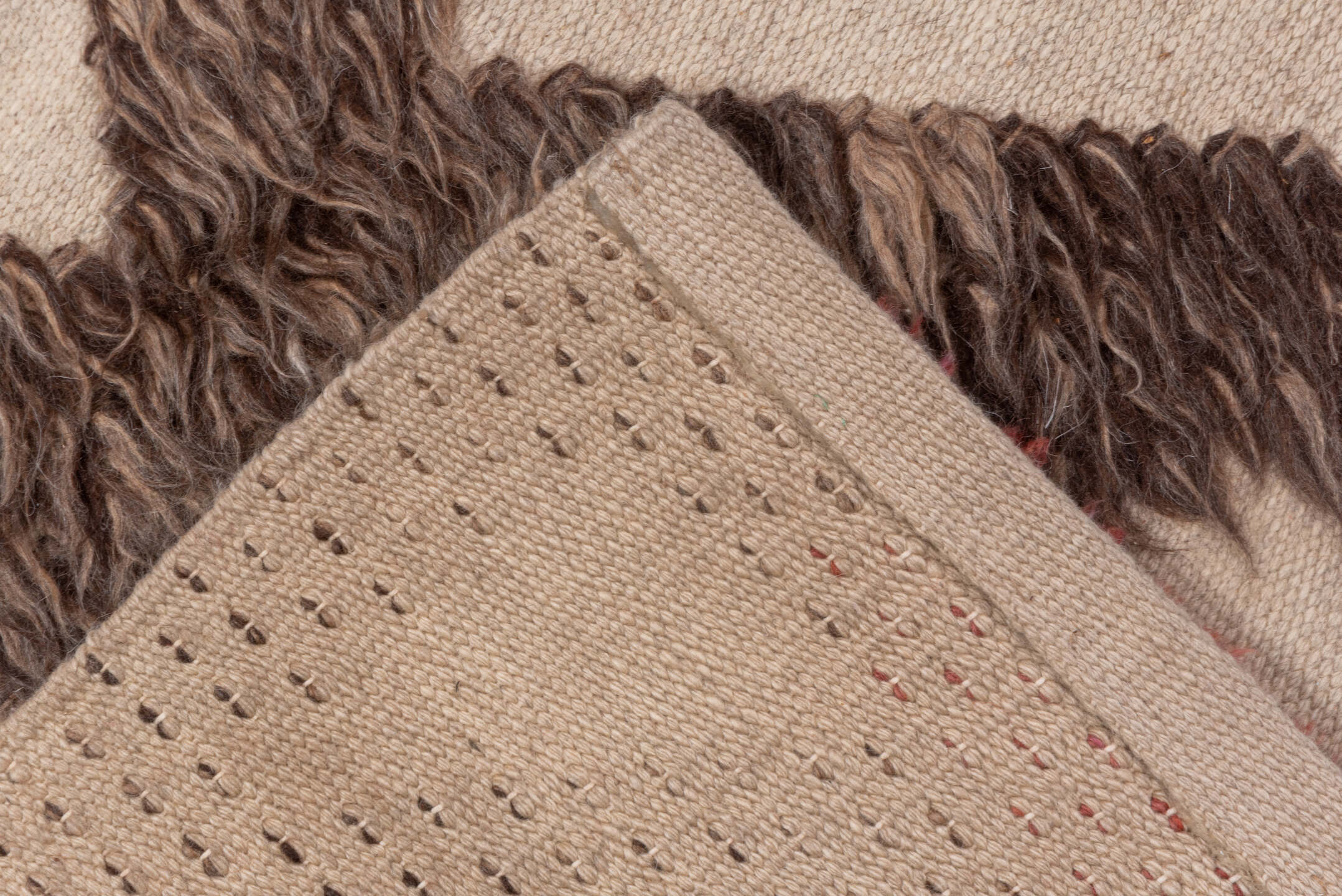 6' x 9' one-of-a-kind handmade vintage Tulu medium size rug. Color palette: ivory, brown, coral, pale blue, sage, taupe