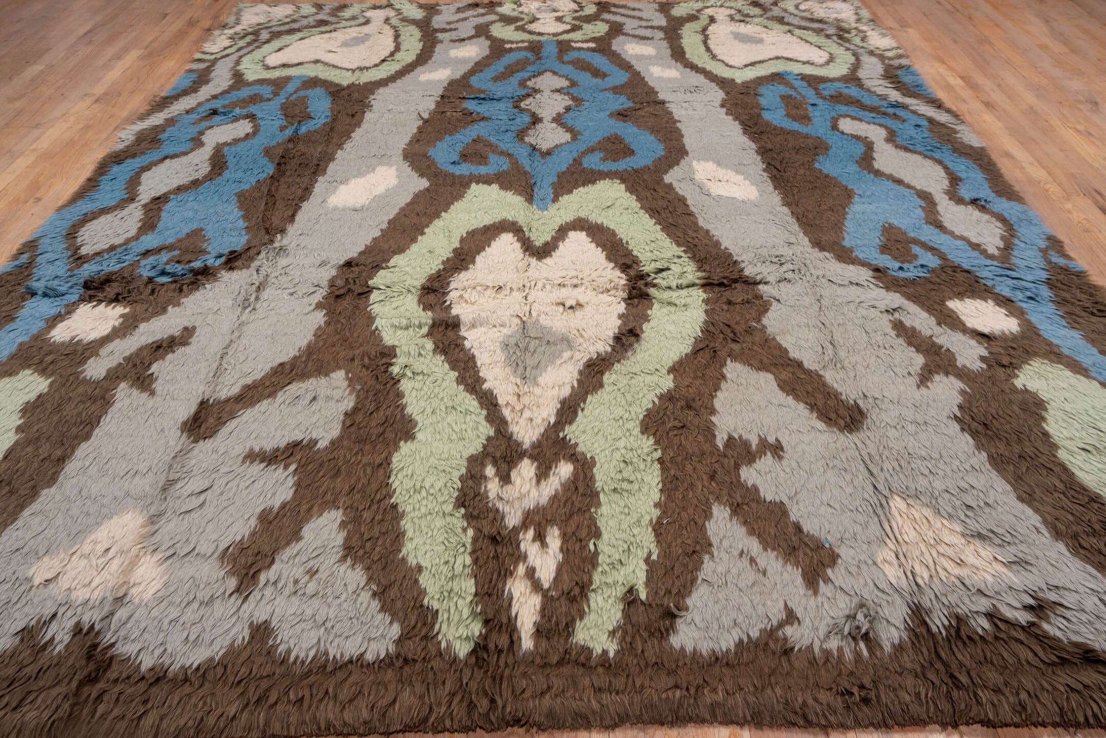 10' x 12' one-of-a-kind handmade vintage Tulu large size rug. Color palette: gray, brown, ivory, sky_blue, pale_sage
