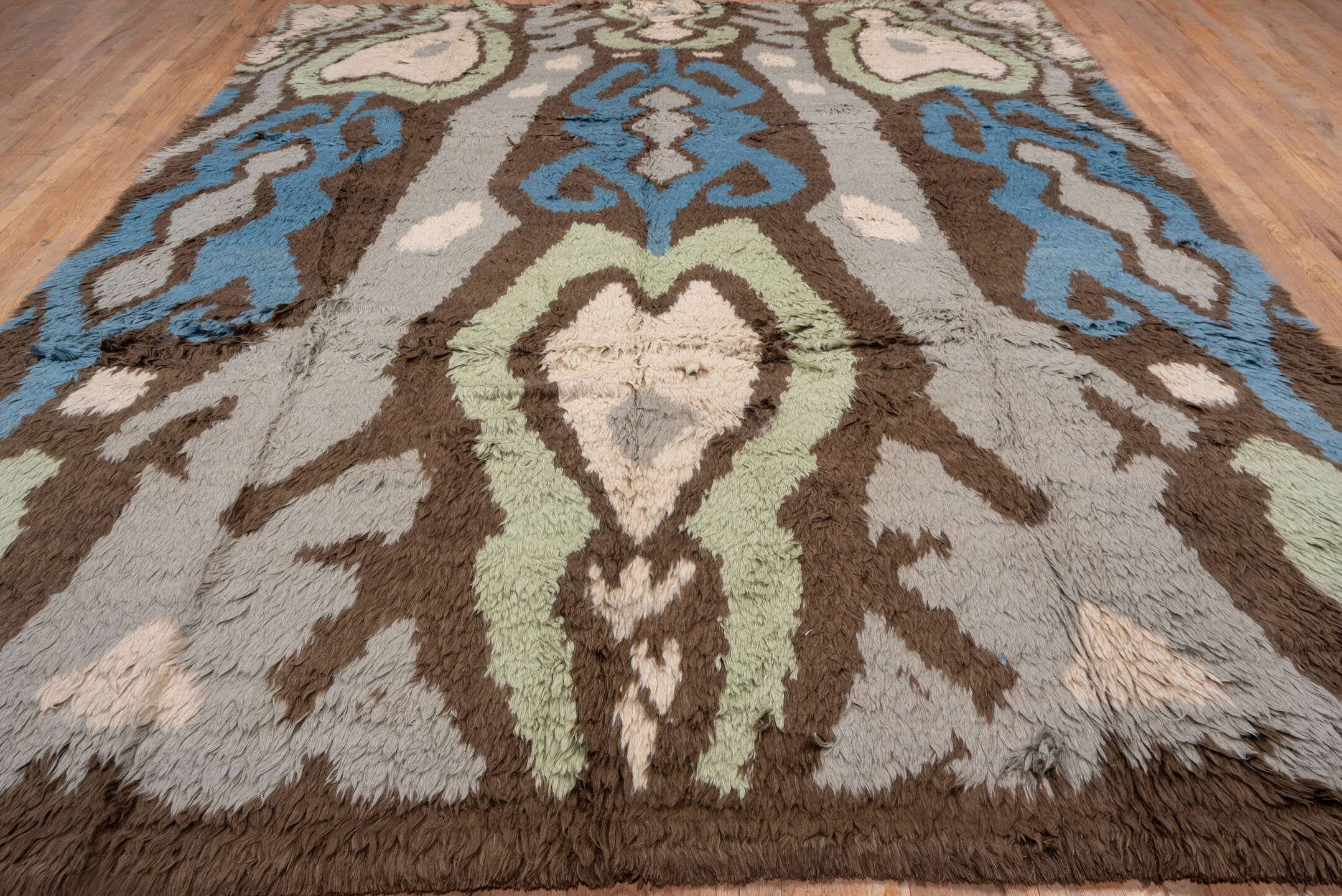 10' x 12' one-of-a-kind handmade vintage Tulu large size rug. Color palette: gray, brown, ivory, sky_blue, pale_sage