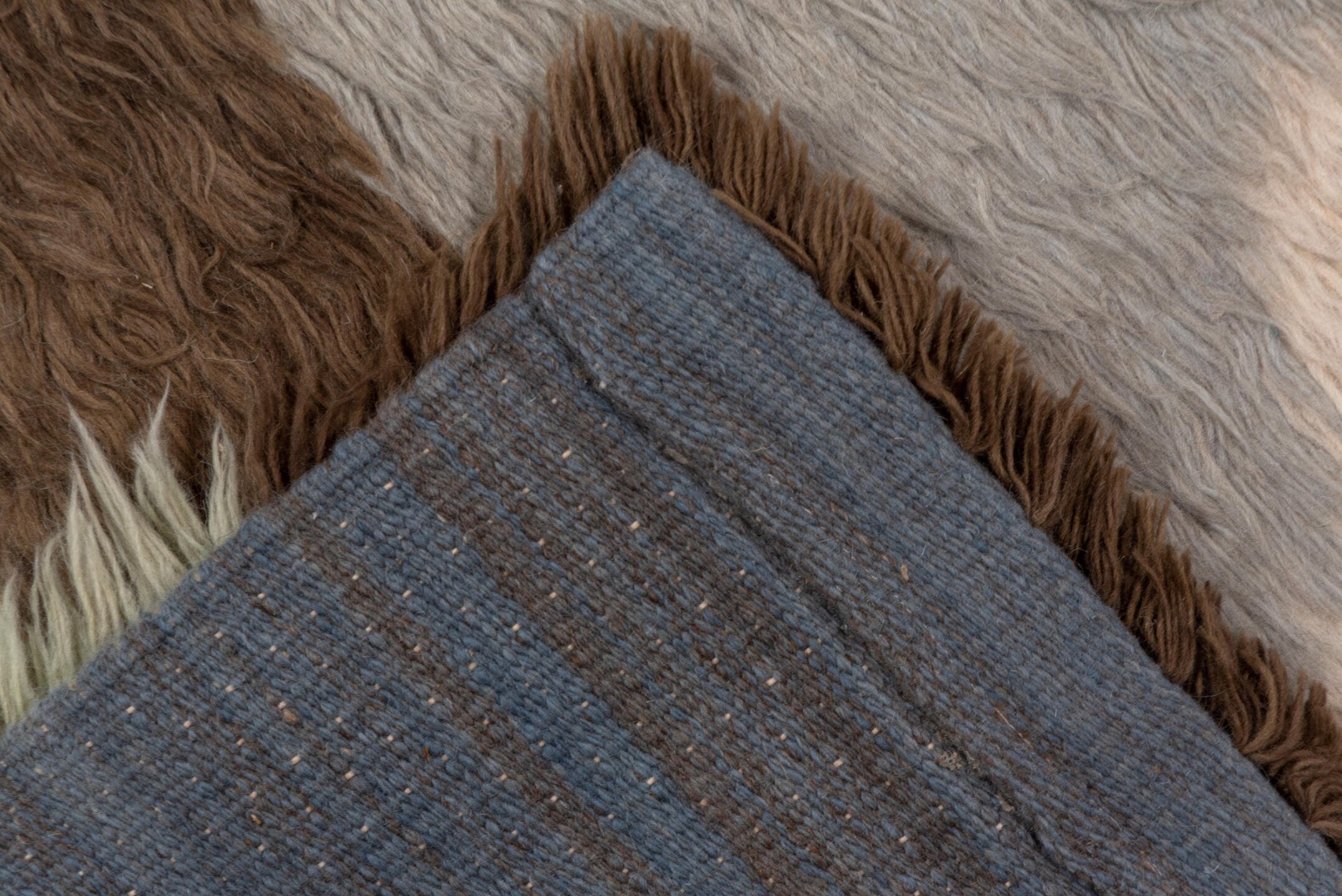 10' x 12' one-of-a-kind handmade vintage Tulu large size rug. Color palette: gray, brown, ivory, sky_blue, pale_sage