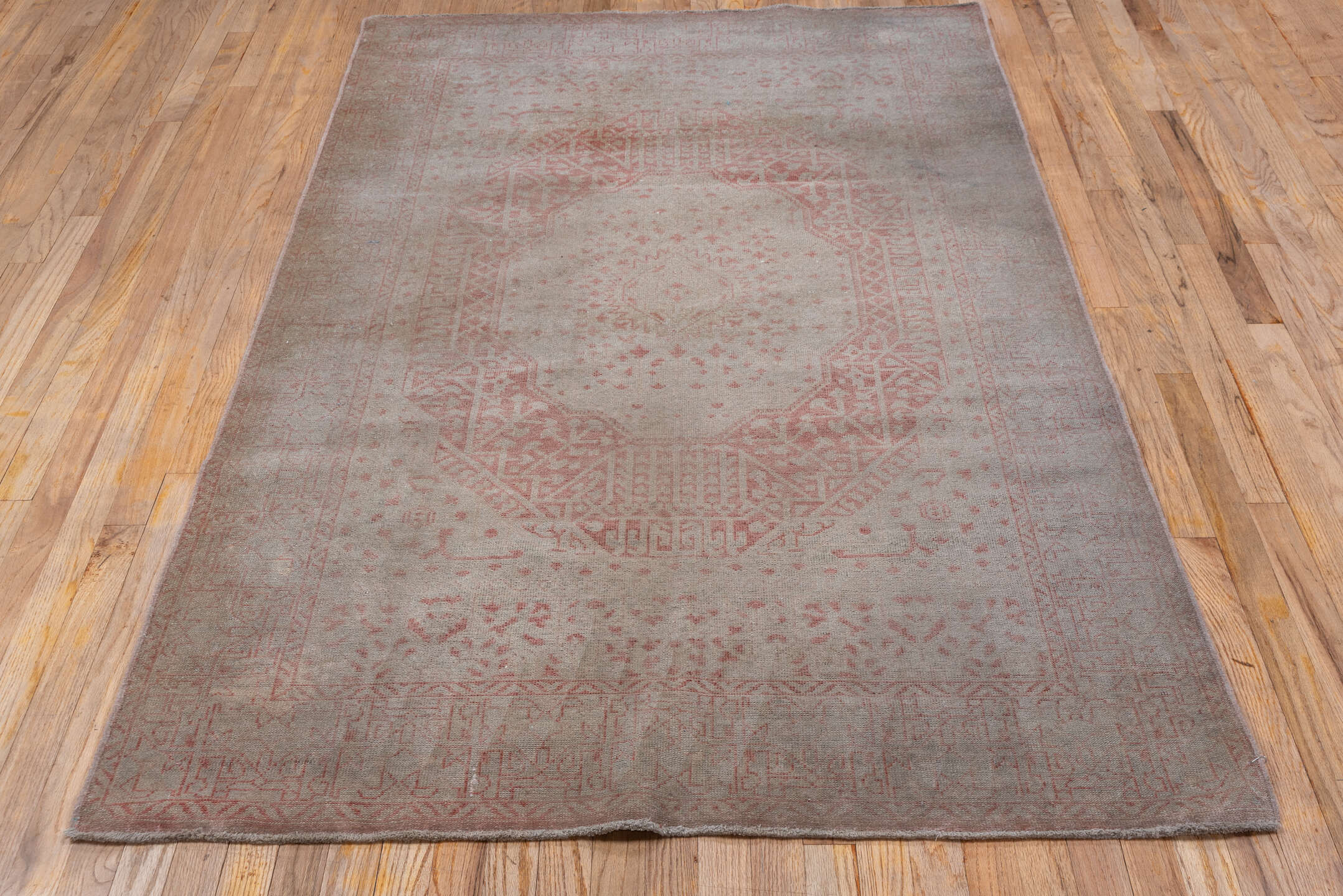 4' x 7' one-of-a-kind handmade vintage Sivas rug. Color palette: blush, taupe, rose, ivory, dusty pink, pink, beige, gray