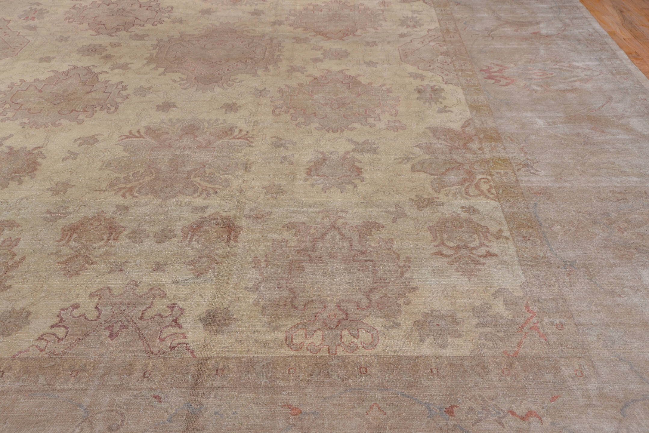 18' x 24' one-of-a-kind handmade vintage Oushak oversize rug. Color palette: ivory, taupe, blush, dusty rose, pale blue