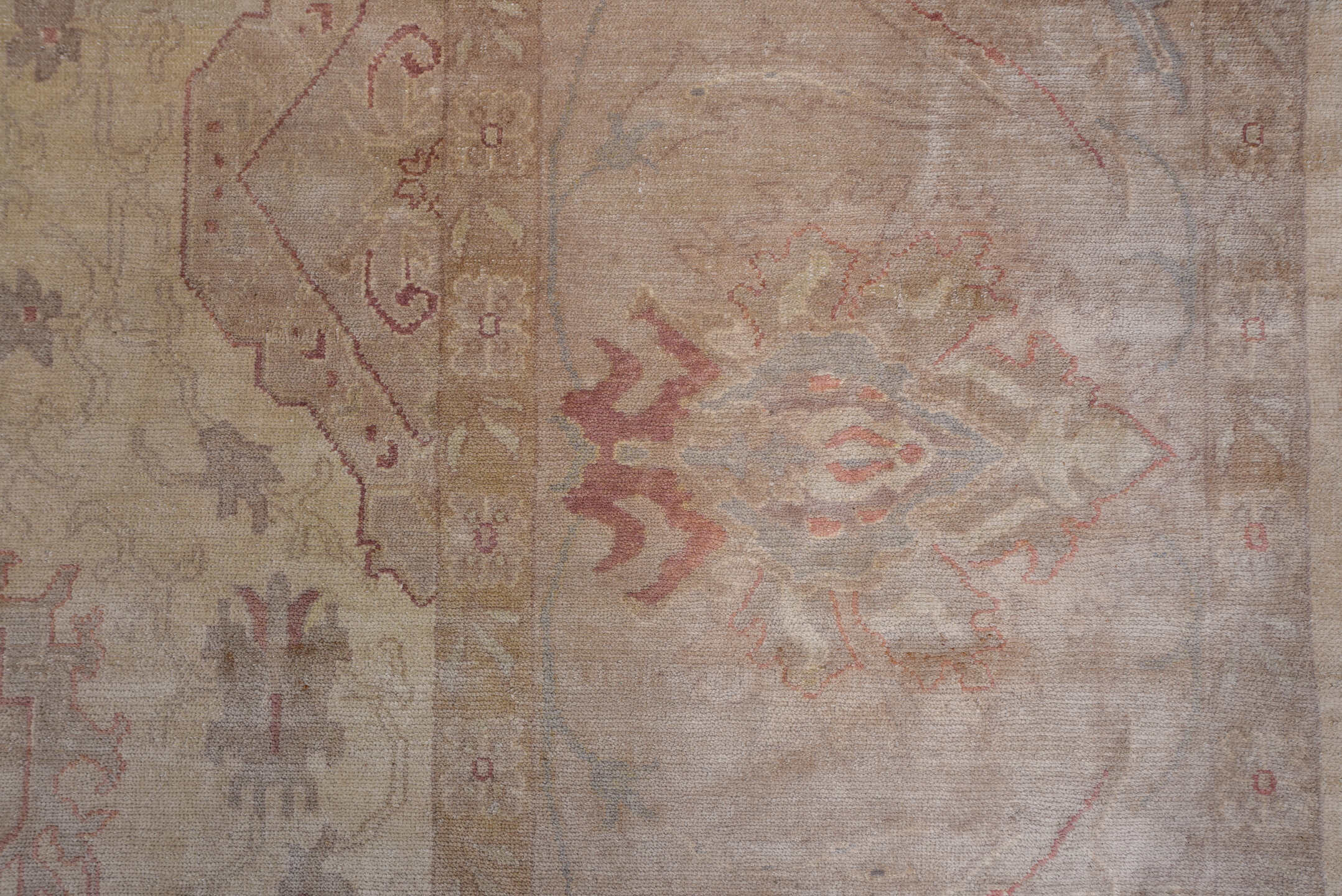 18' x 24' one-of-a-kind handmade vintage Oushak oversize rug. Color palette: ivory, taupe, blush, dusty rose, pale blue
