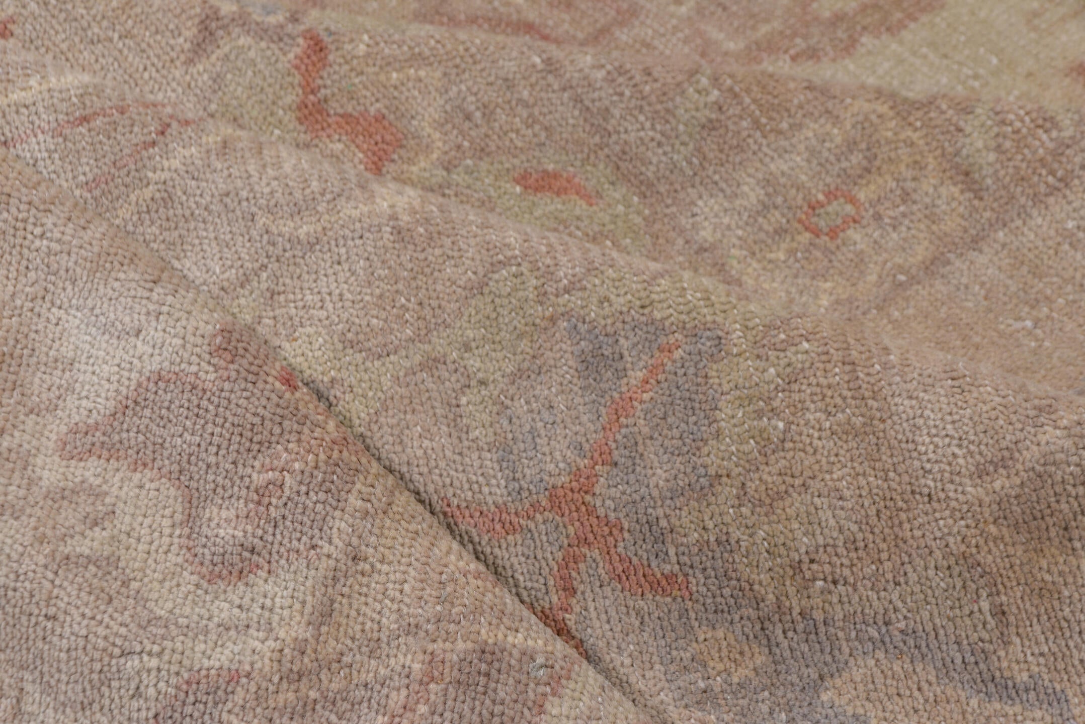 18' x 24' one-of-a-kind handmade vintage Oushak oversize rug. Color palette: ivory, taupe, blush, dusty rose, pale blue