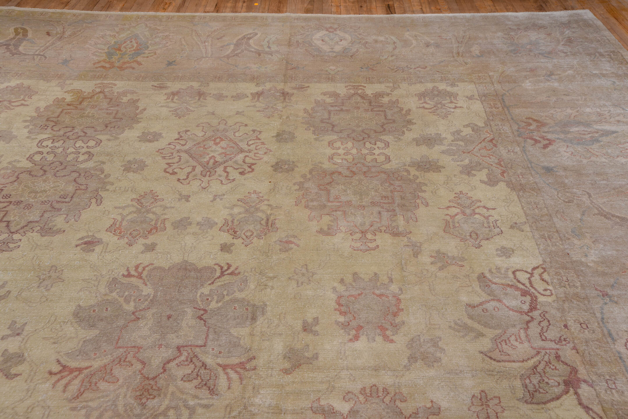 18' x 24' one-of-a-kind handmade vintage Oushak oversize rug. Color palette: ivory, taupe, blush, dusty rose, pale blue