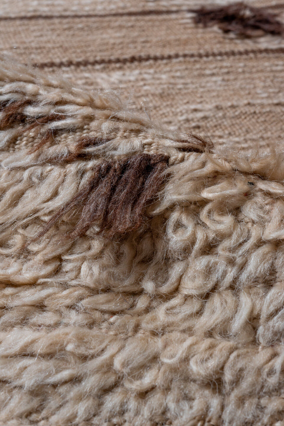 6' x 14' one-of-a-kind handmade vintage Moroccan large size rug. Color palette: ivory, brown, camel, taupe, beige, gray