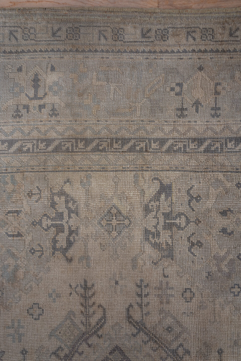 14' x 19' one-of-a-kind handmade antique Oushak oversize rug. Color palette: taupe, ivory, beige, camel, slate, greige, gray